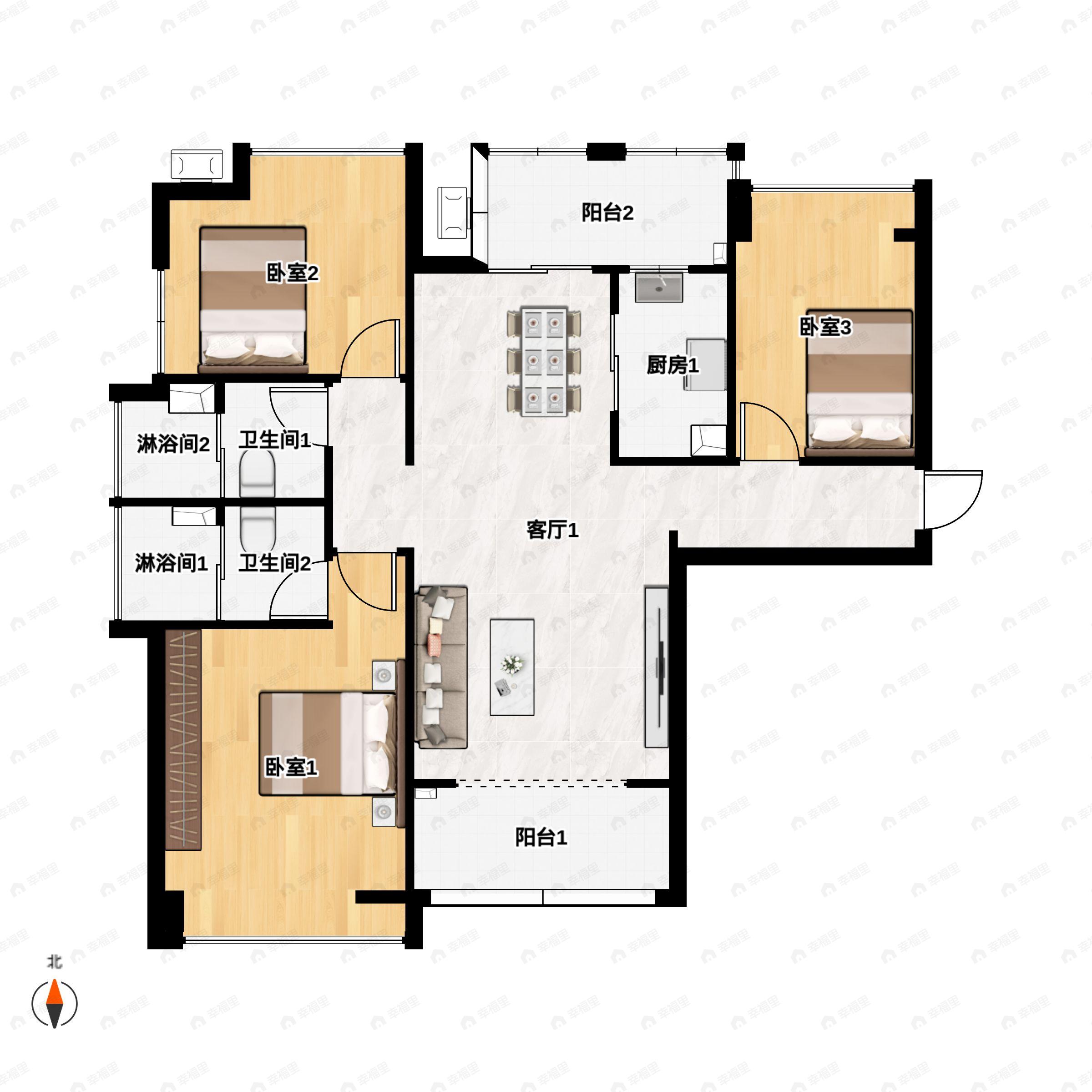 3室2厅2卫建面125平户型图