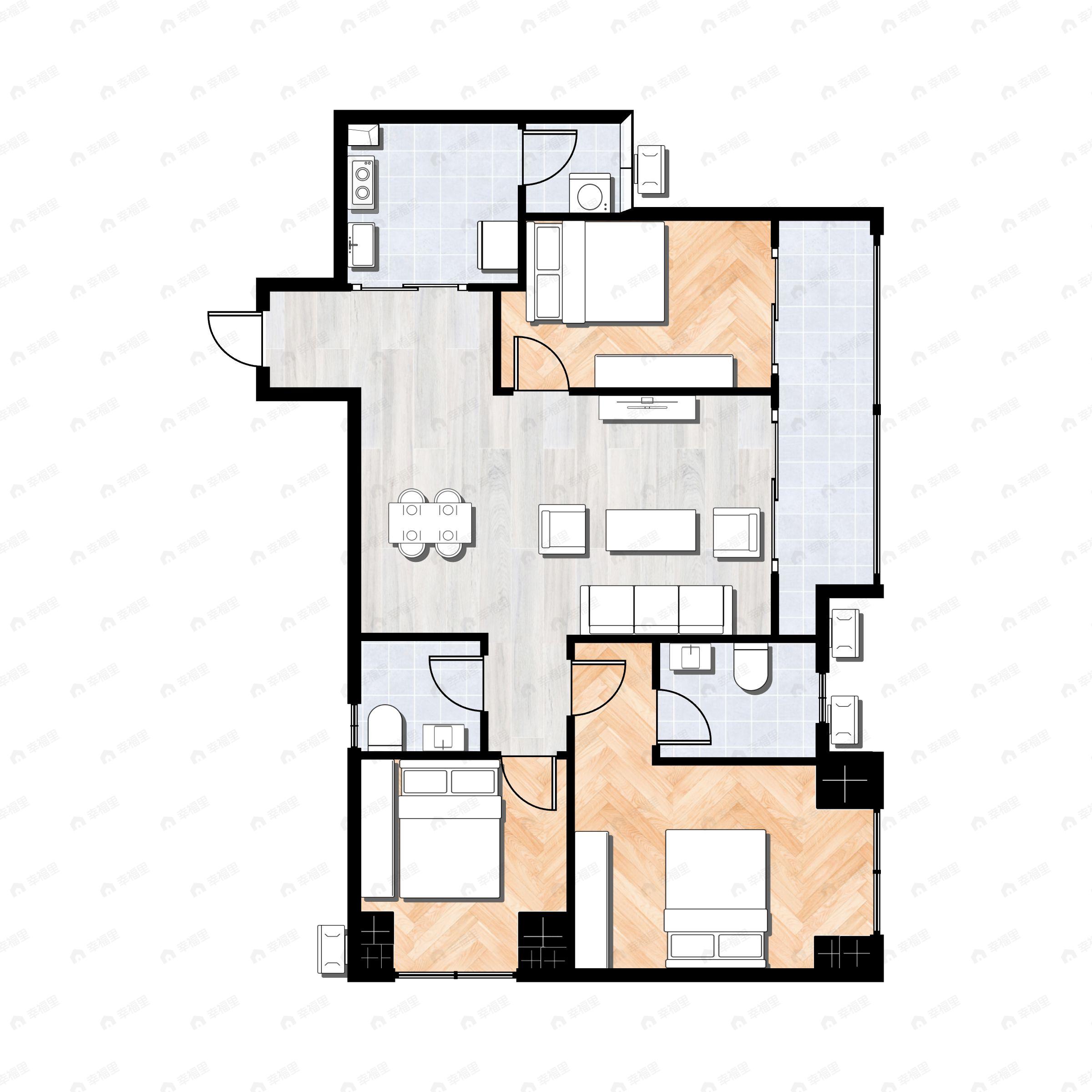 3室2厅2卫建面96m²东户型图