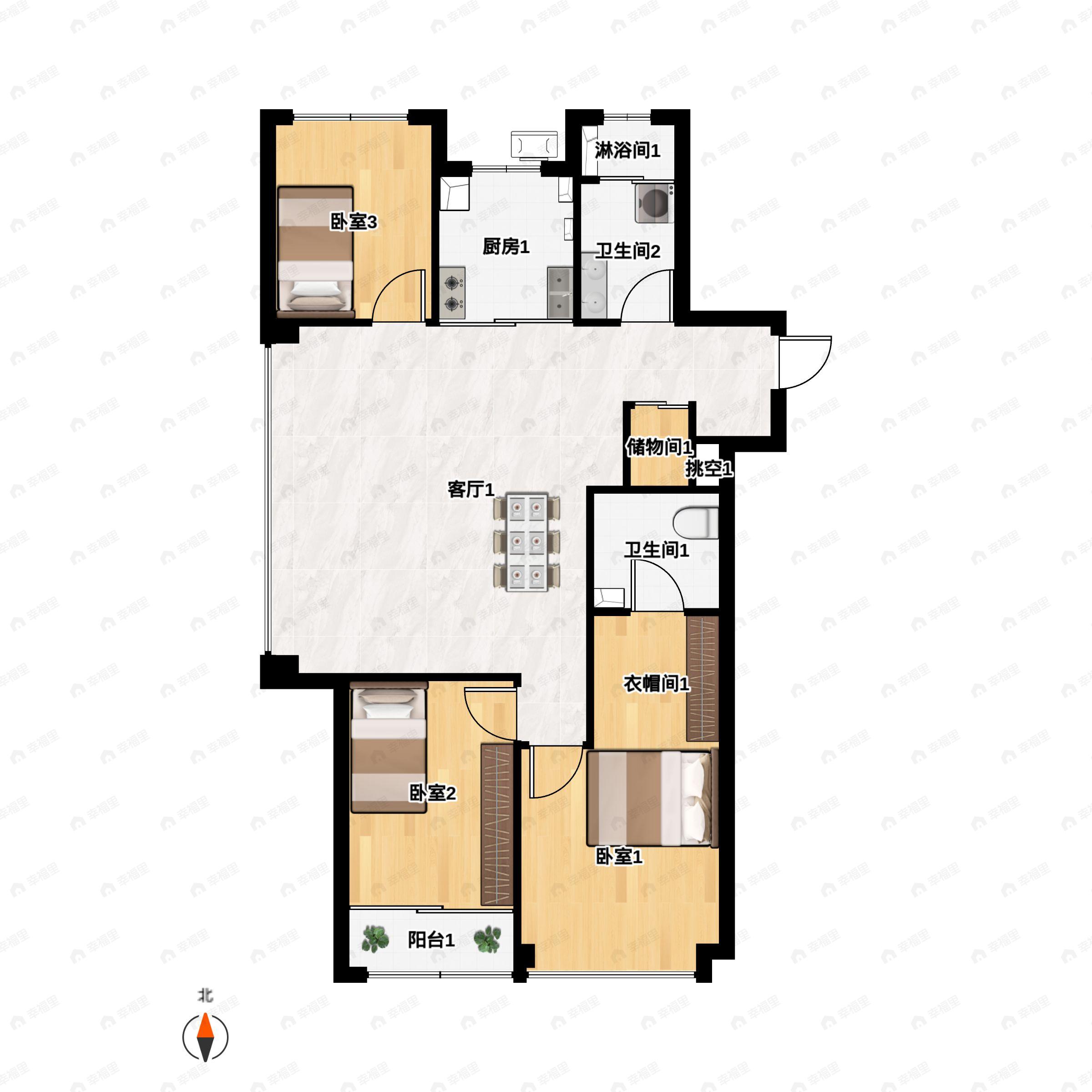 3室2厅2卫建面130m²南|北户型图