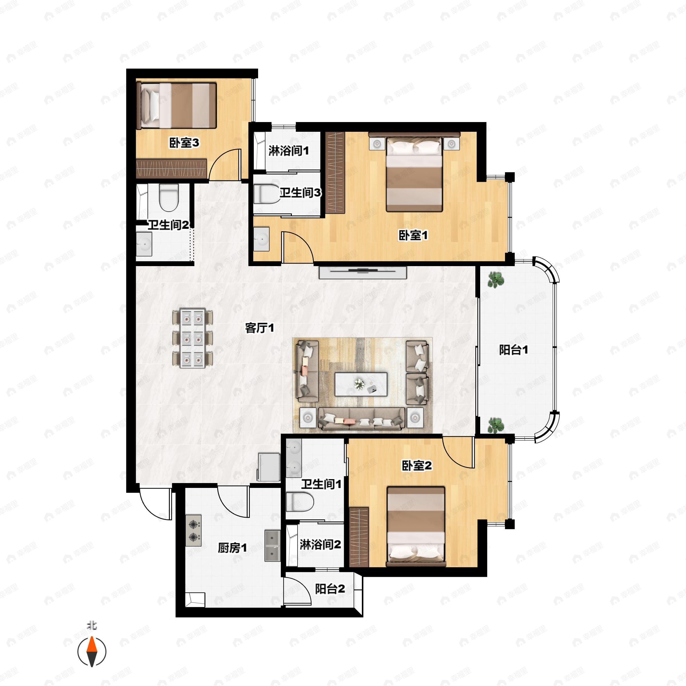 3室2厅3卫建面130平户型图