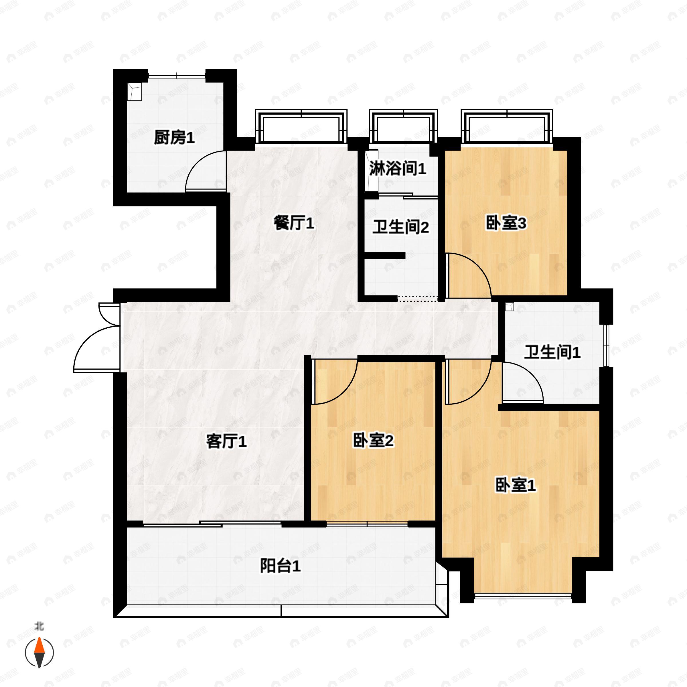 3室2厅2卫建面111m²南|北户型图