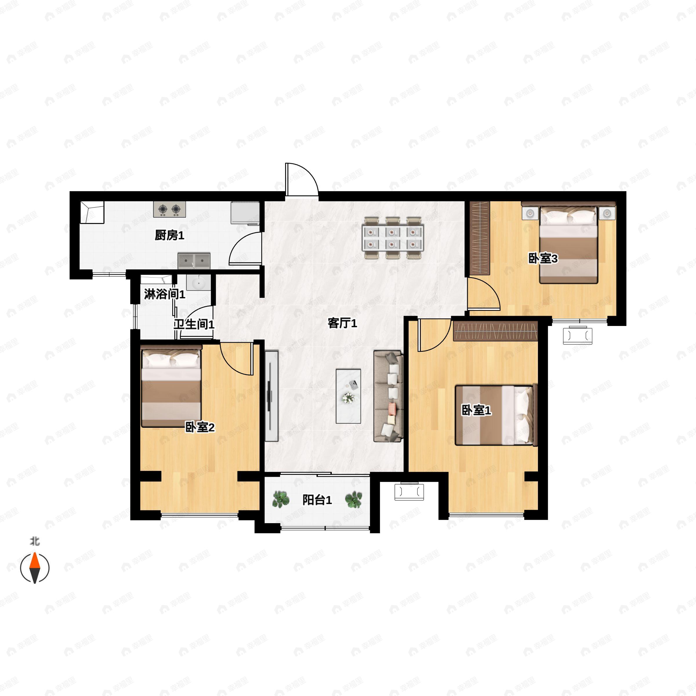 3室2厅1卫建面98m²南户型图