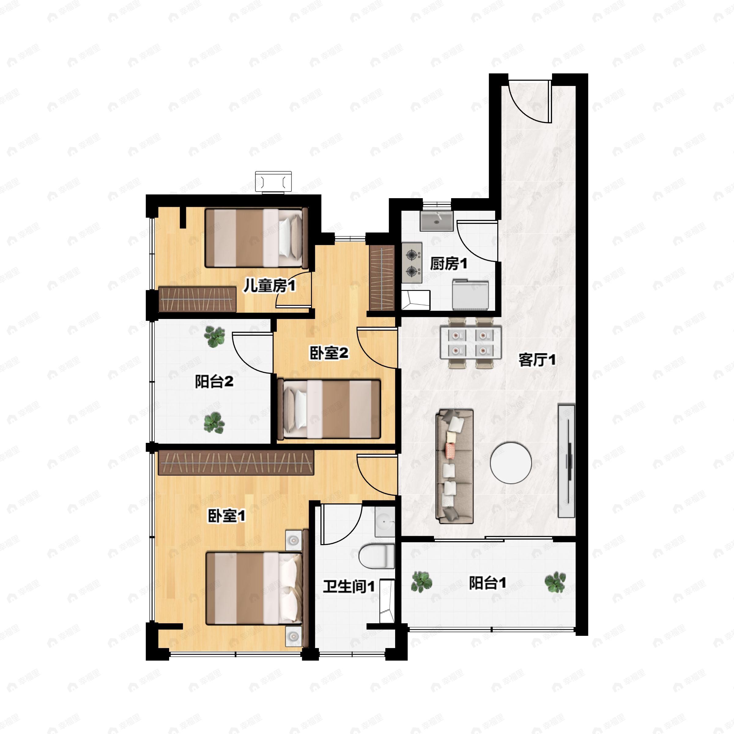 3室2厅1卫建面88m²南户型图