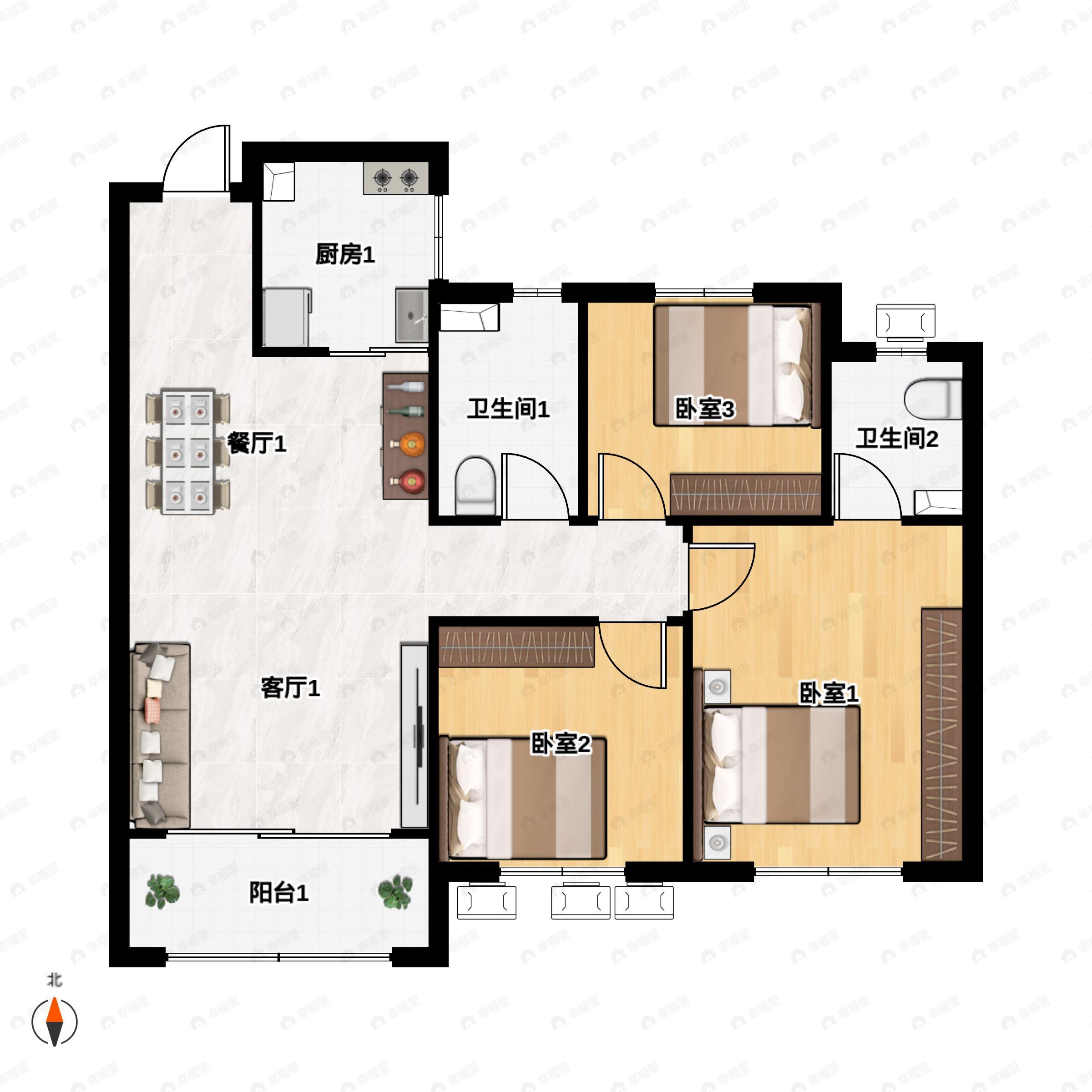 3室2厅2卫建面107平南户型图