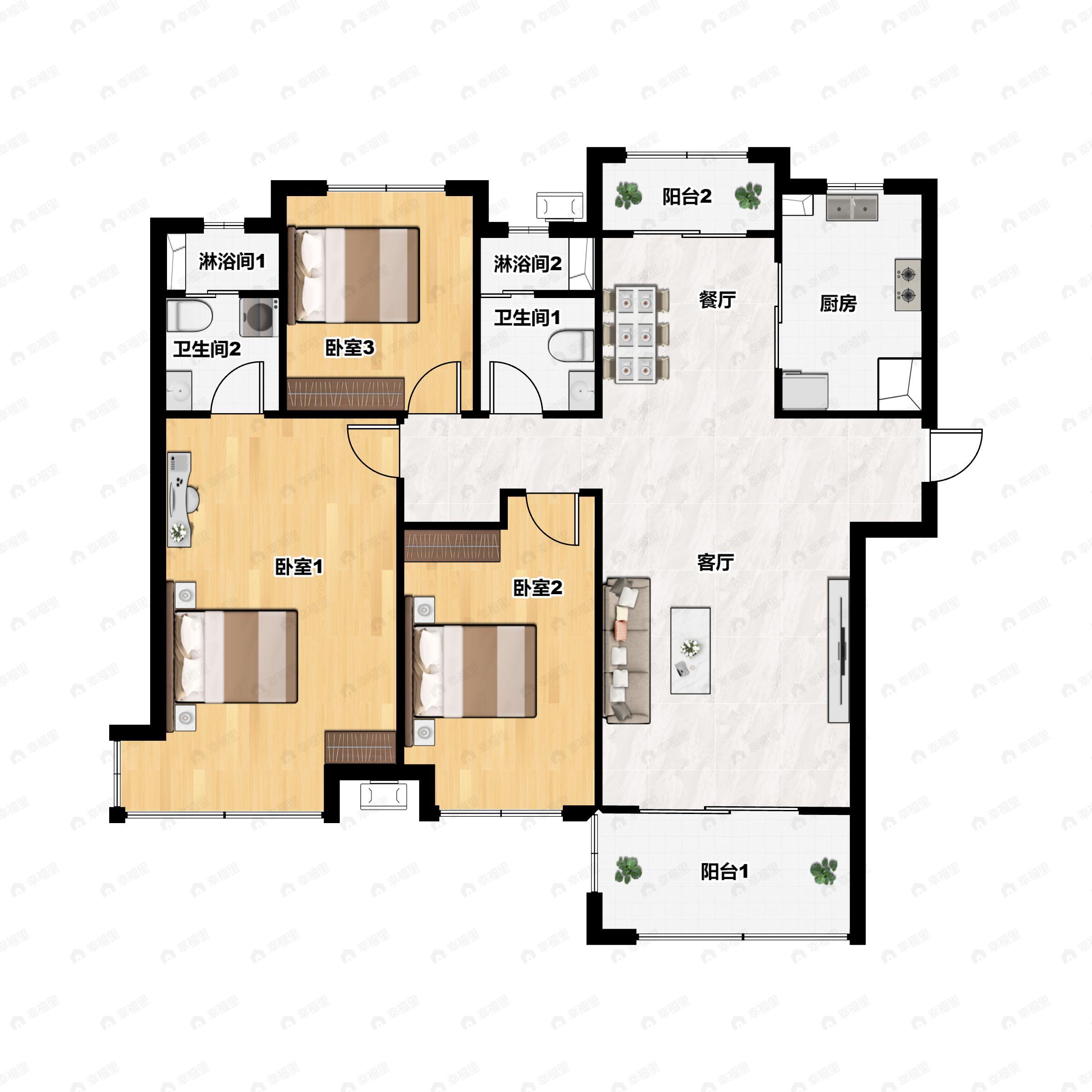 3室2厅2卫建面131m²南户型图
