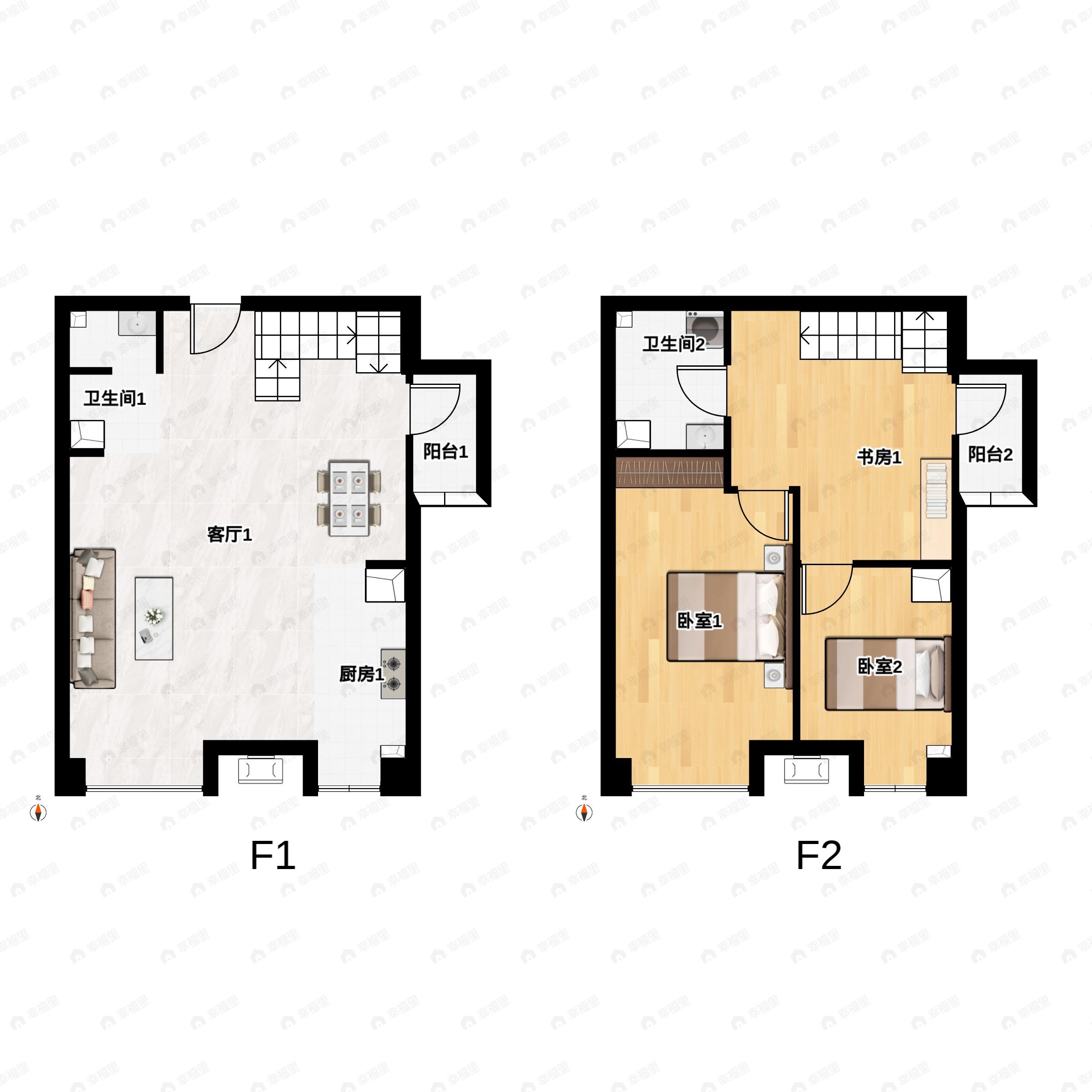 2室2厅2卫建面58平户型图