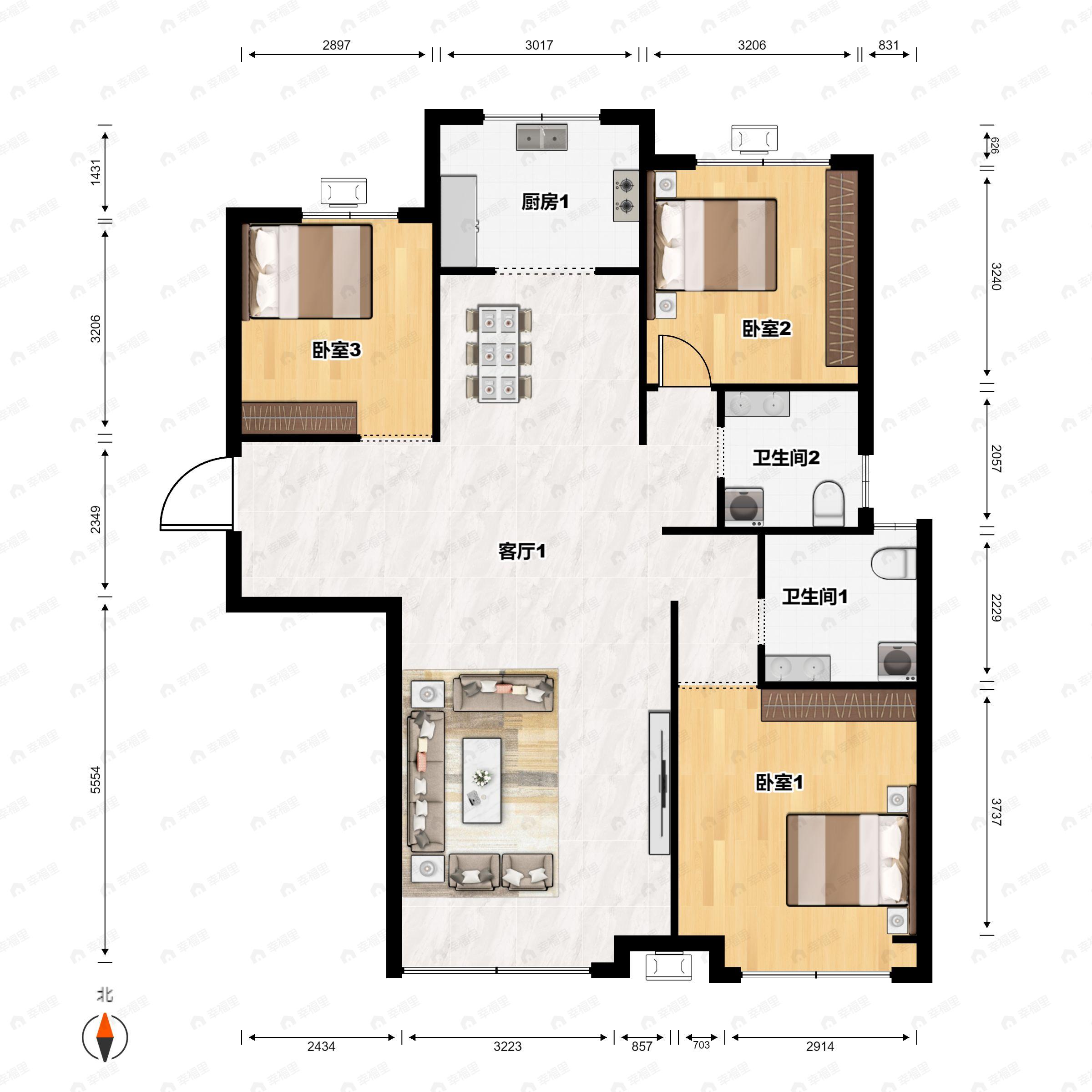 3室2厅2卫建面133m²北|南户型图