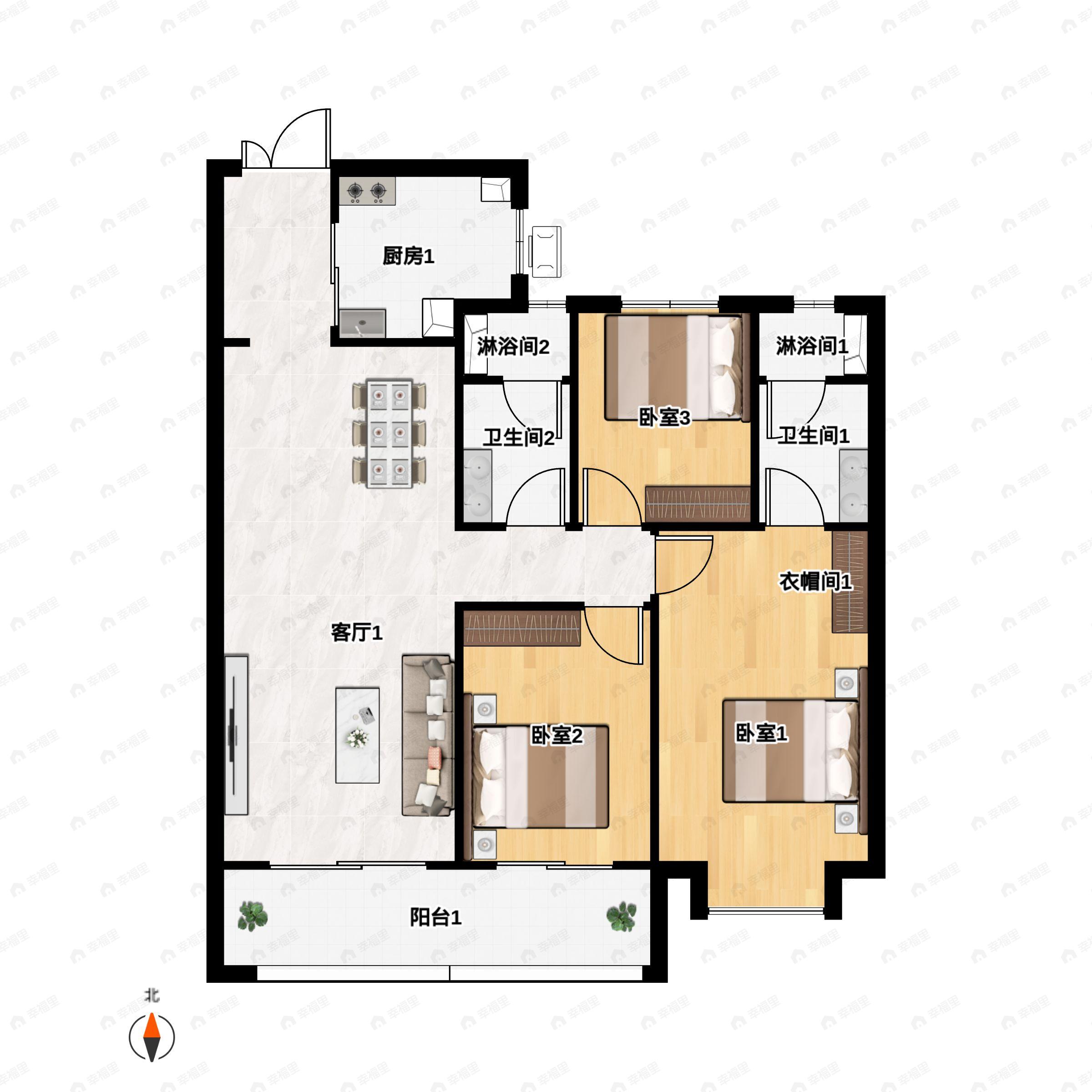 3室2厅2卫建面125m²南户型图