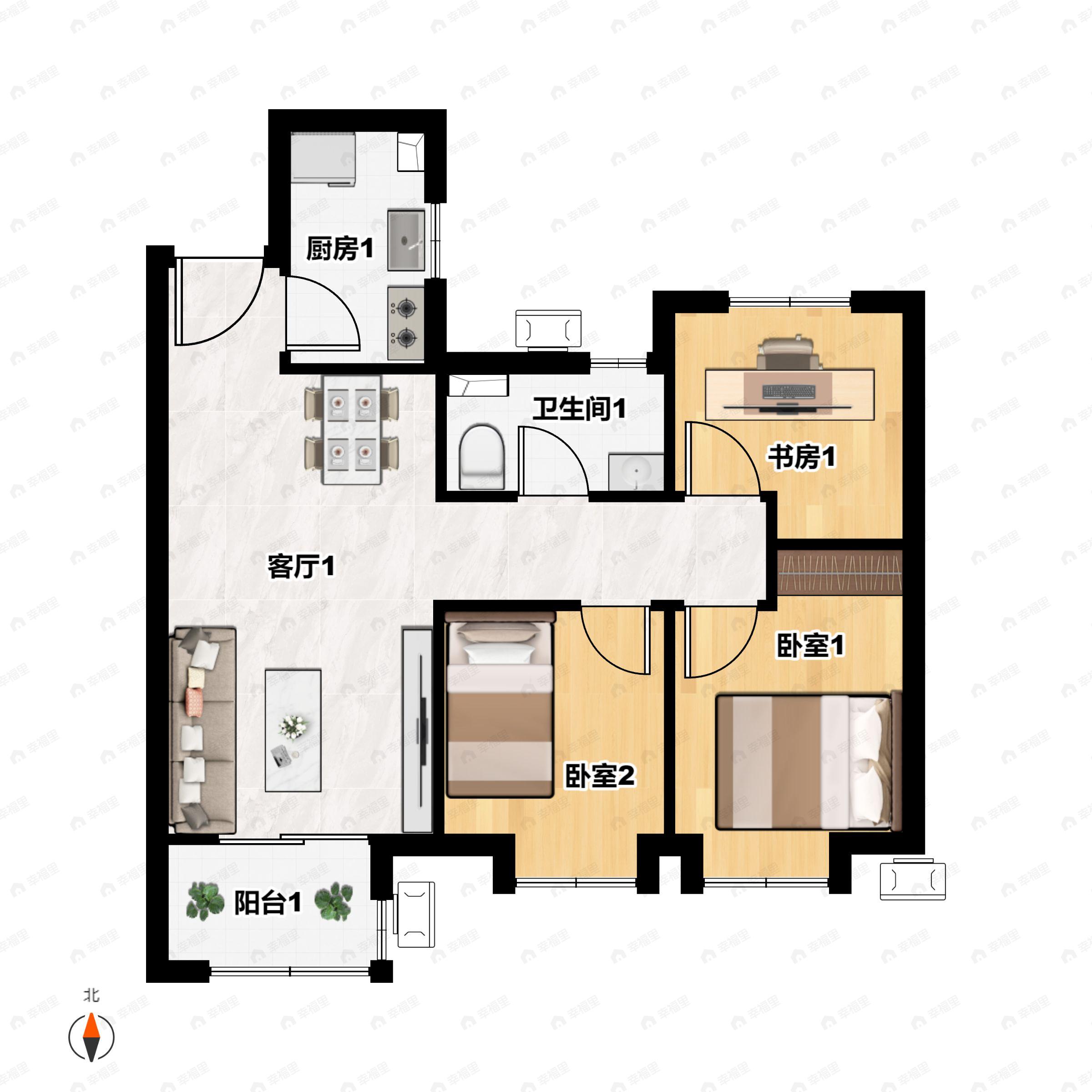 3室2厅1卫建面89平南|北户型图