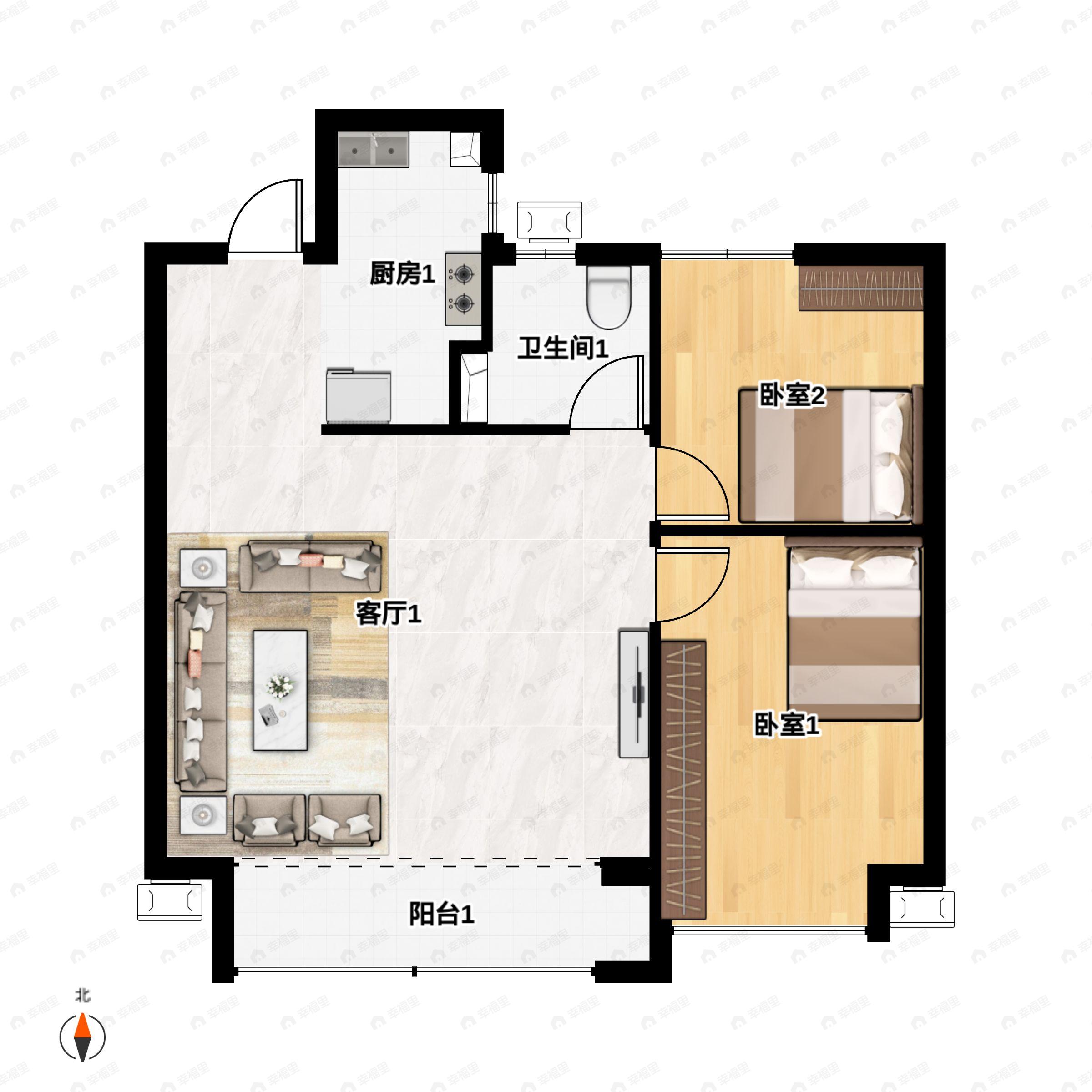 2室2厅1卫建面84平南户型图