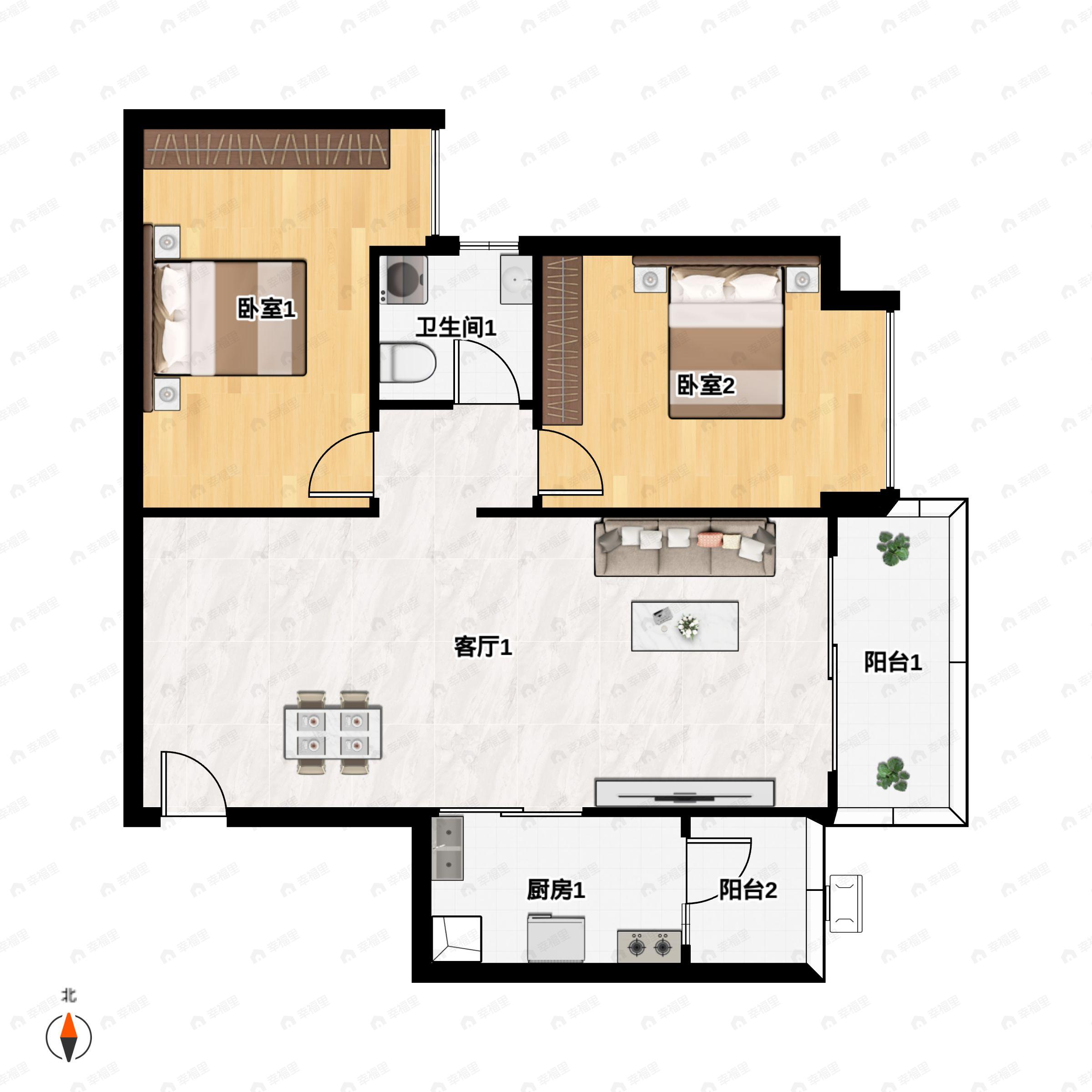 2室2厅1卫建面80平东户型图
