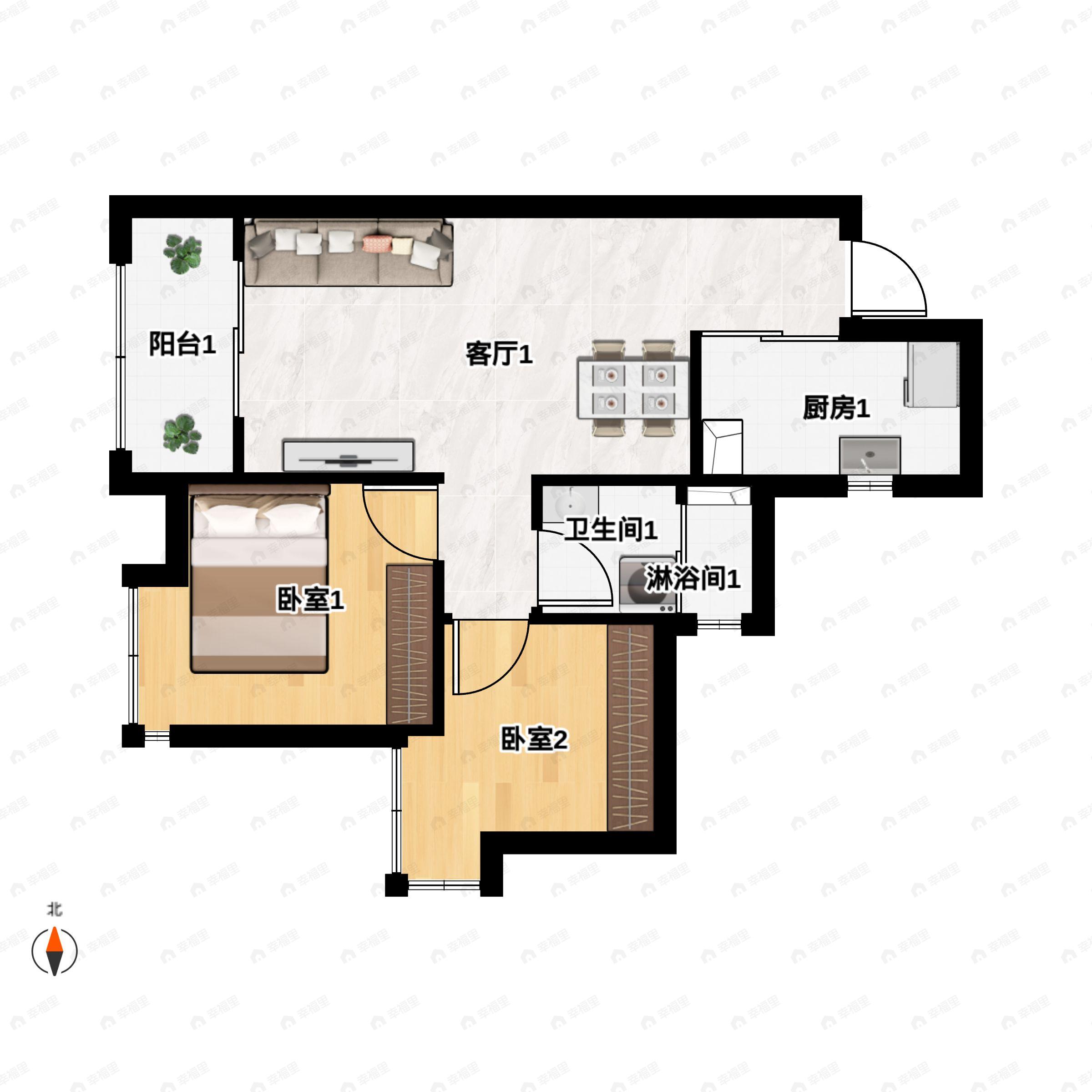 2室2厅1卫建面76平户型图