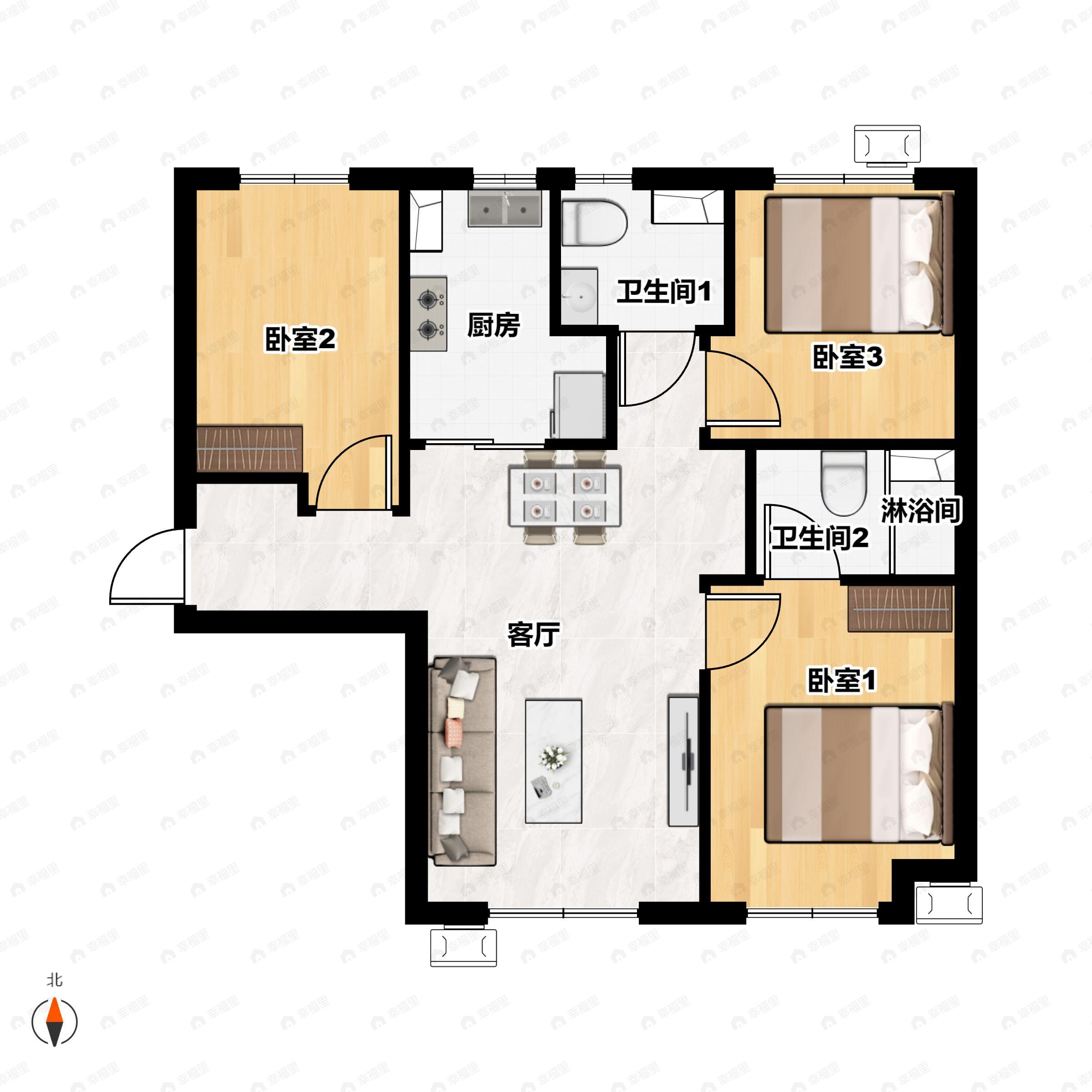 3室2厅2卫建面89平户型图