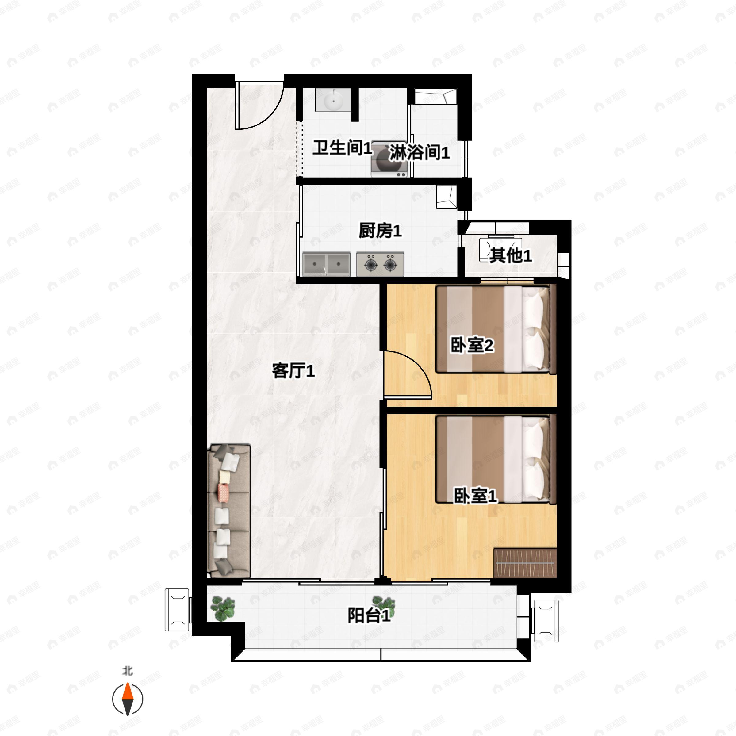 2室2厅1卫建面78m²南户型图