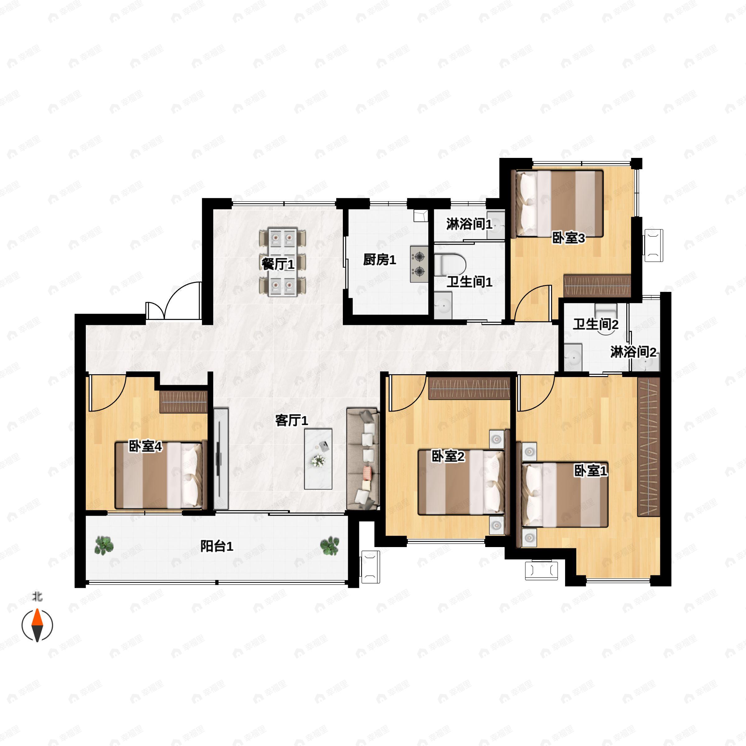 4室2厅2卫建面122平南户型图
