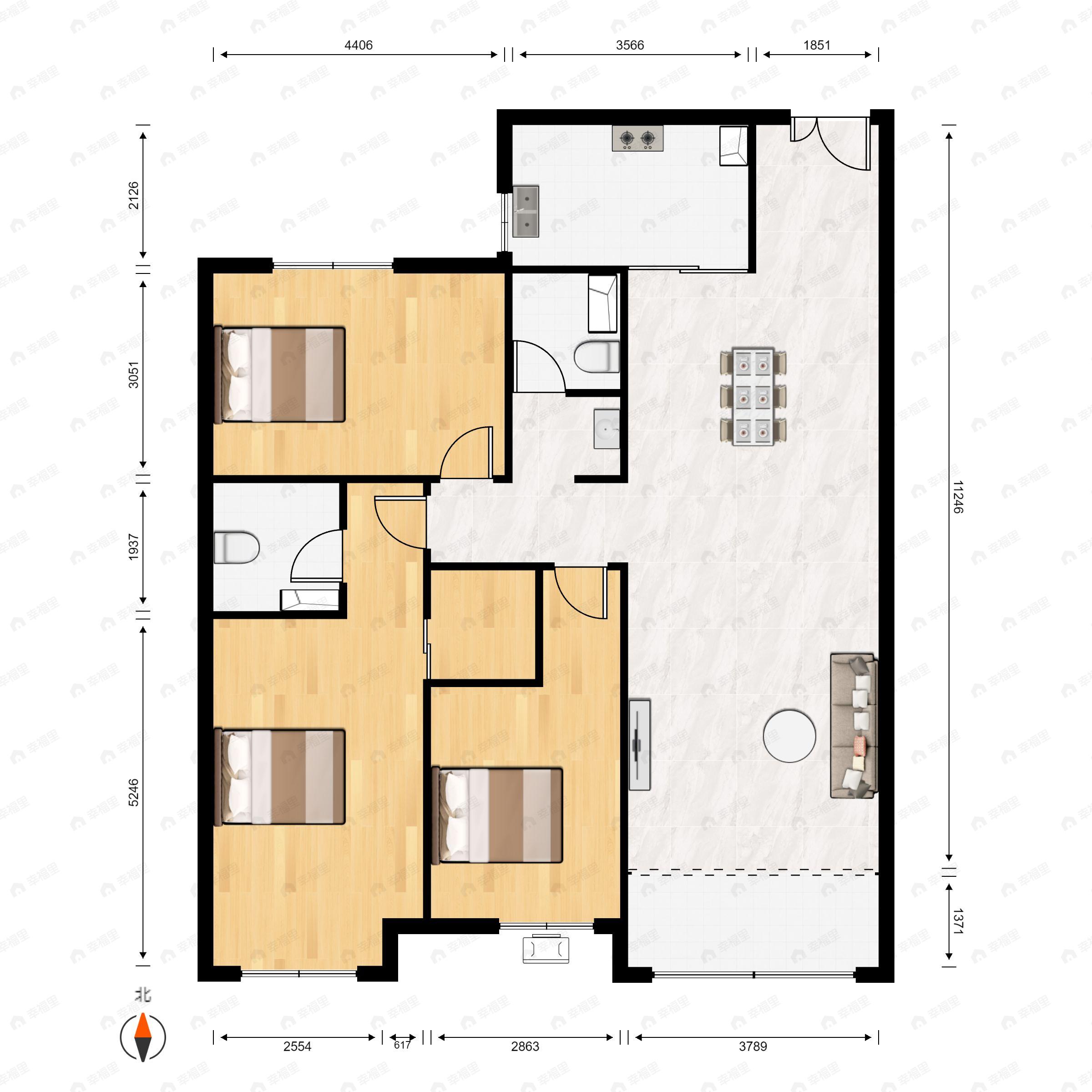 建国壹号3室2厅2卫户型图