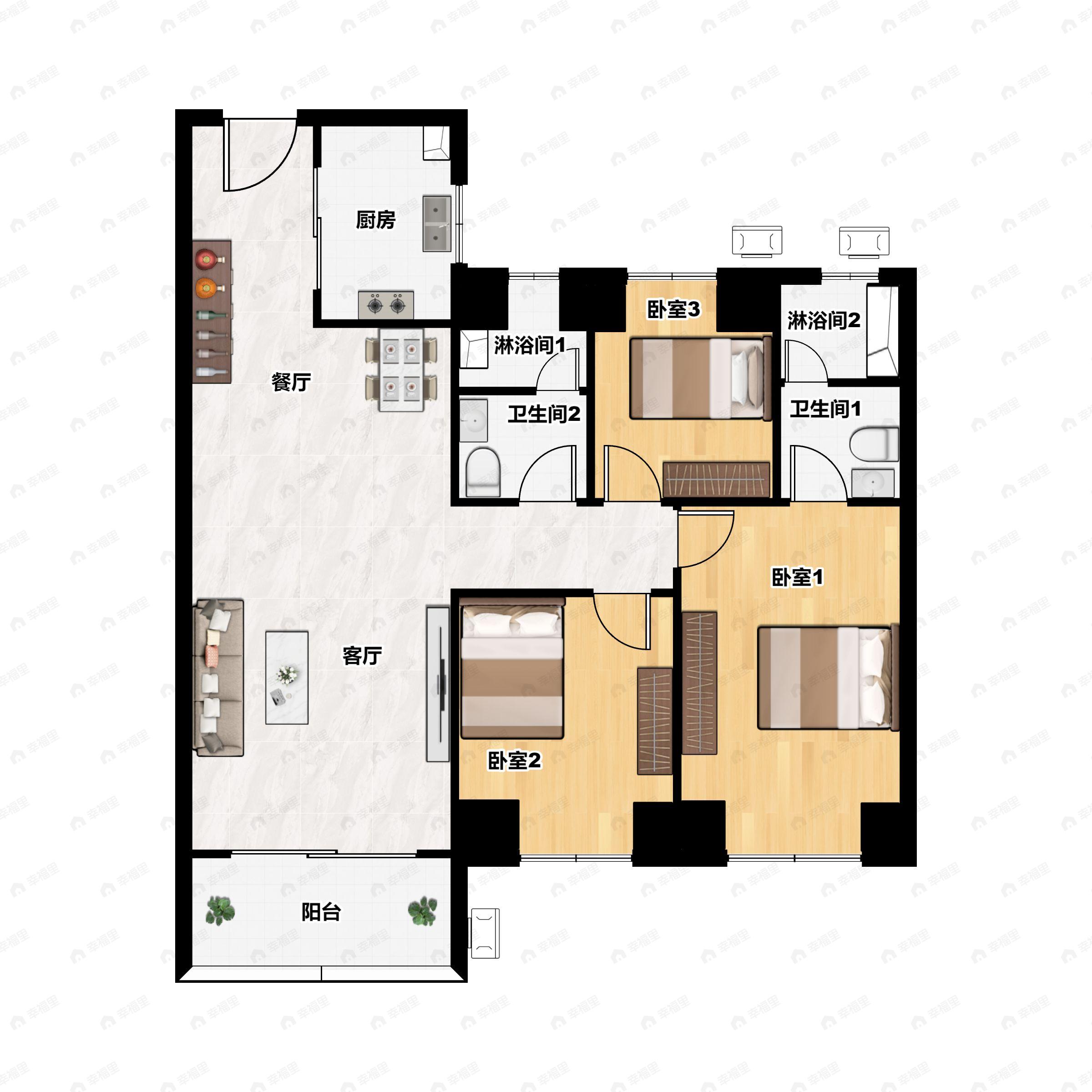3室2厅2卫建面99平户型图