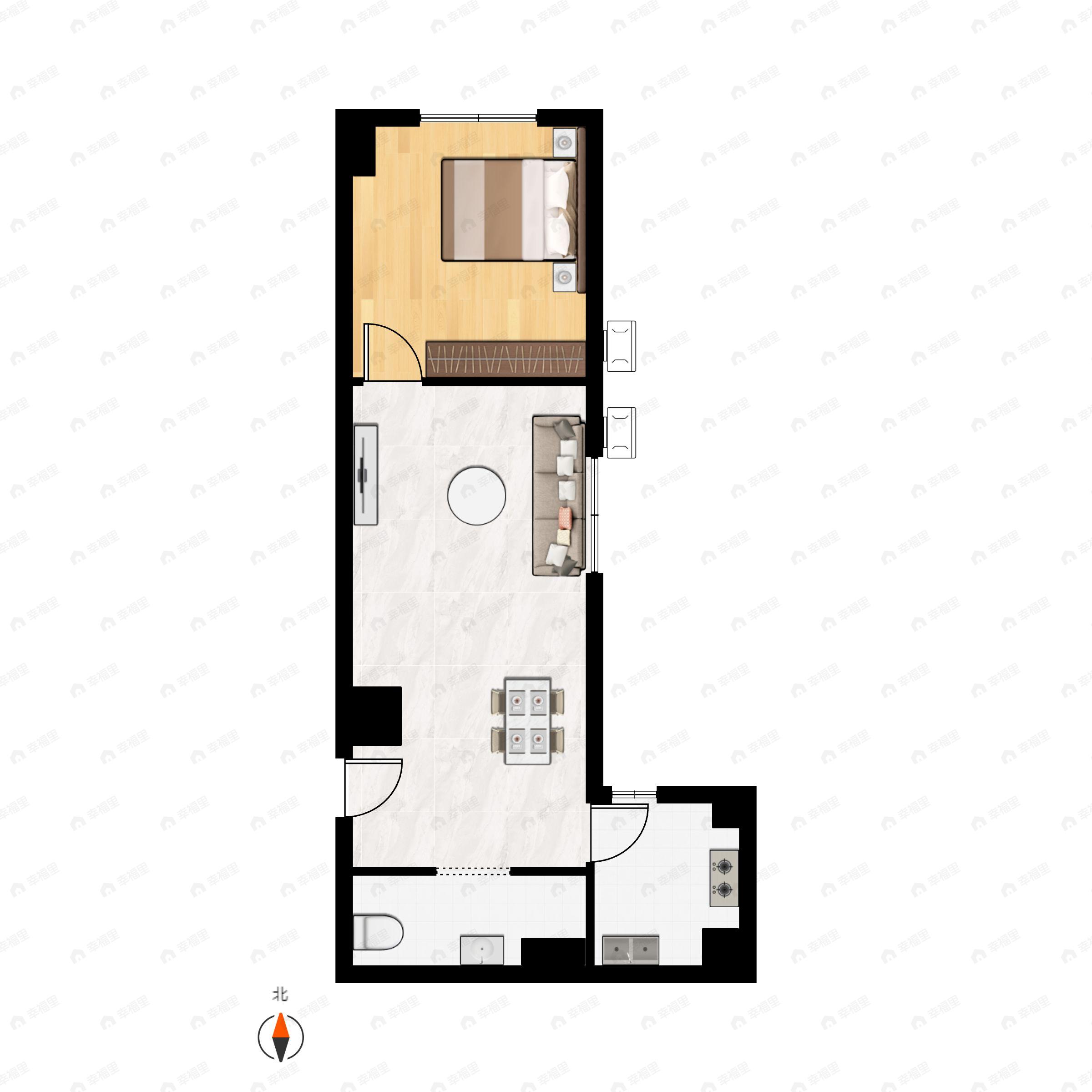 1室2厅1卫建面60m²北户型图