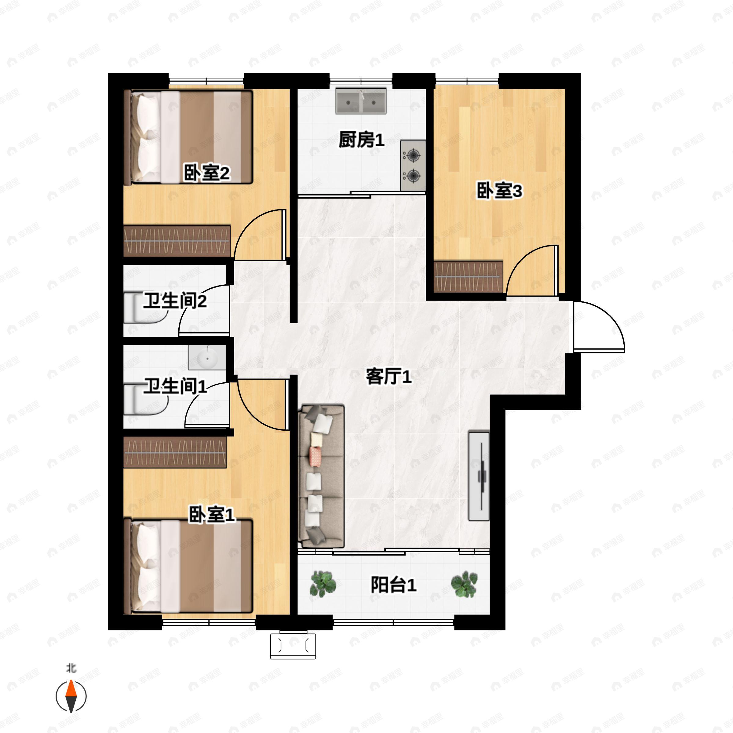 青山枫景3室2厅2卫户型图