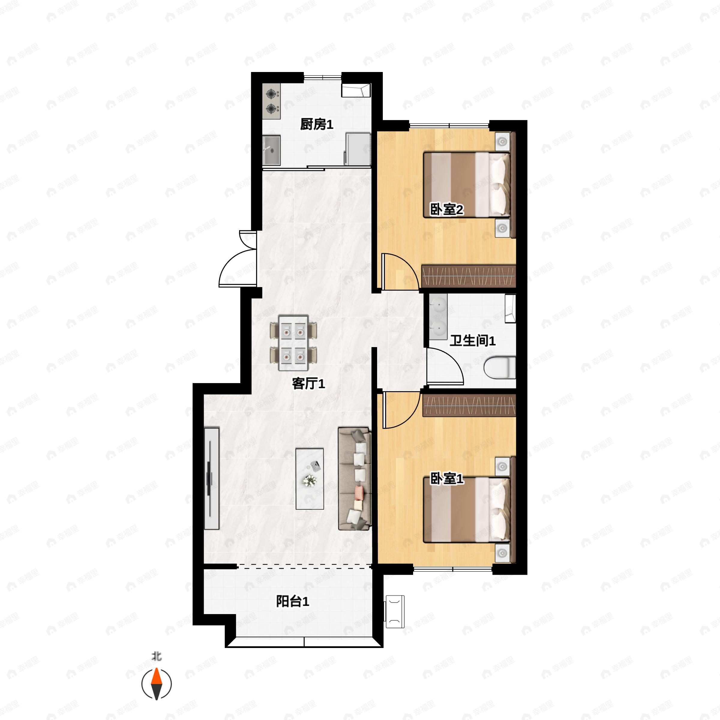 2室2厅1卫建面93m²南户型图