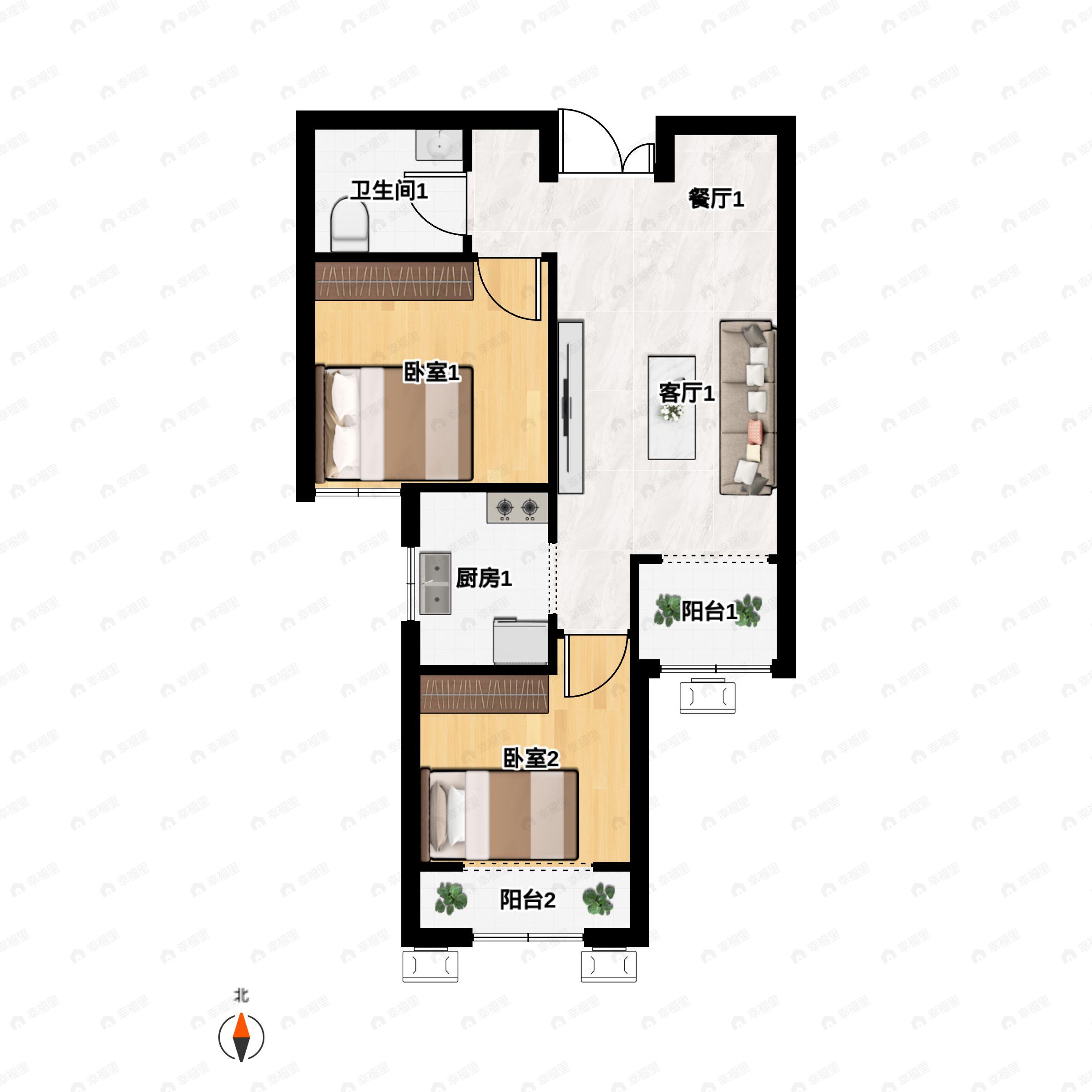 2室2厅1卫建面70平南户型图