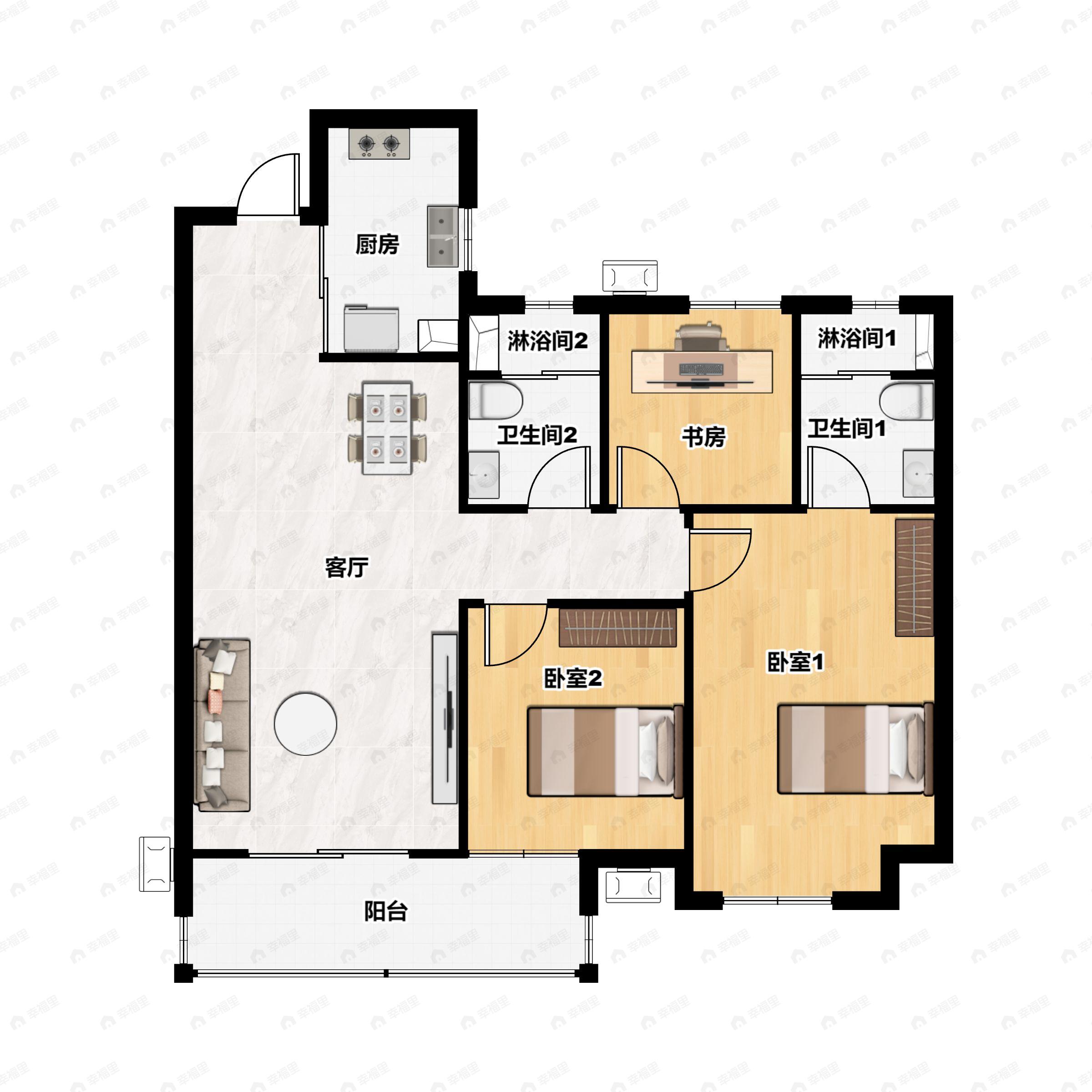 3室2厅2卫建面106平户型图