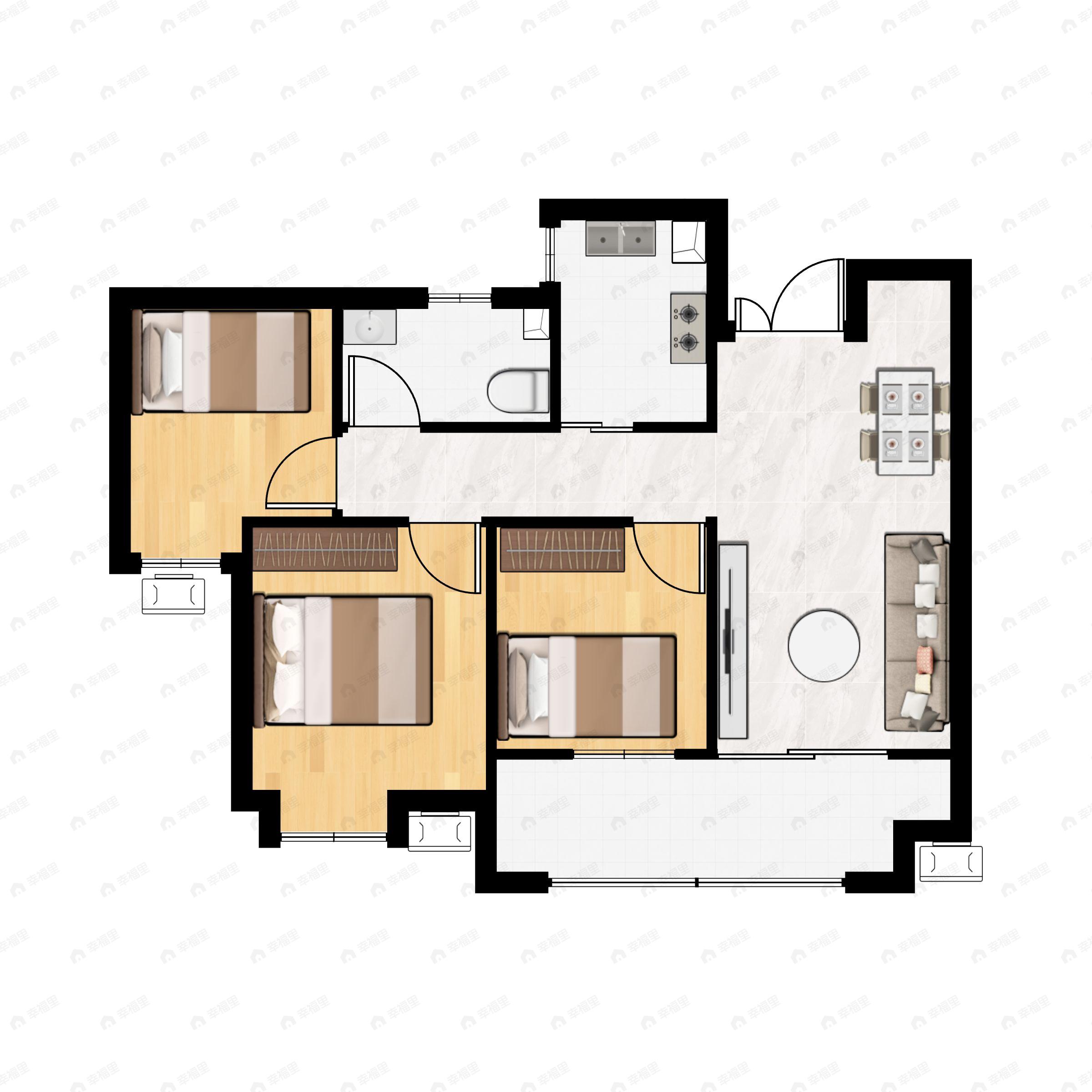 3室2厅1卫建面114平南|北户型图