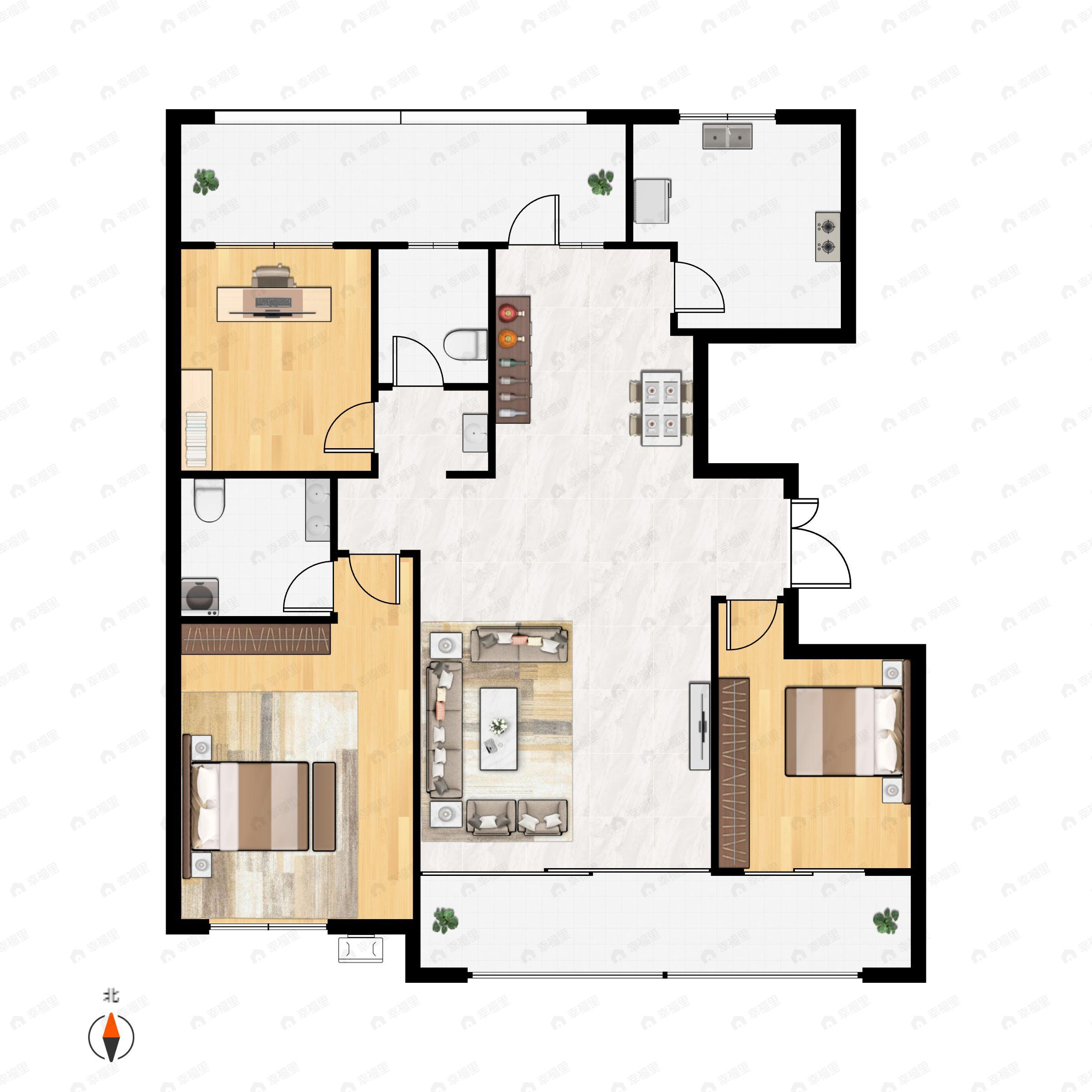 3室2厅2卫建面125m²南|北户型图