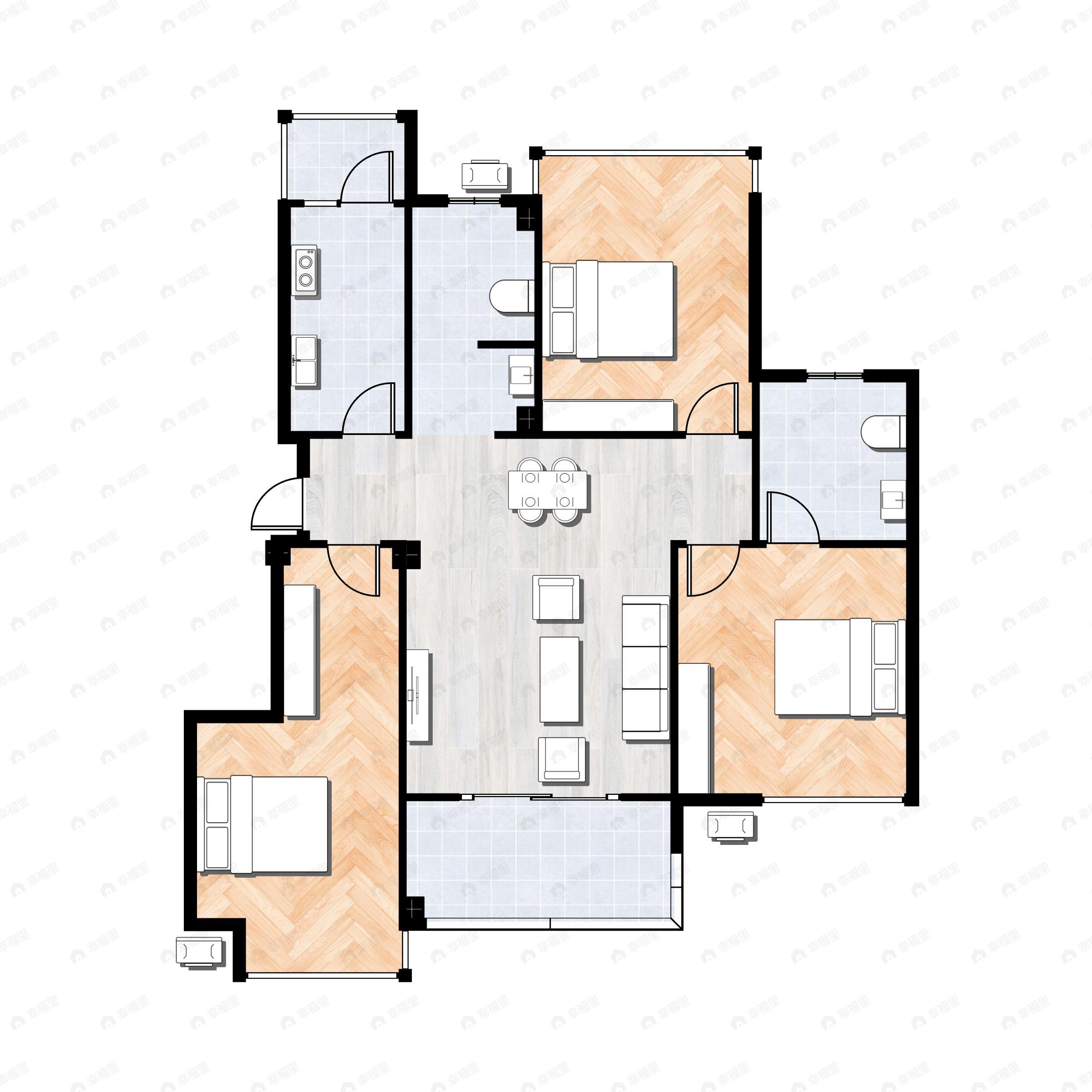 3室2厅2卫建面96平东|西户型图