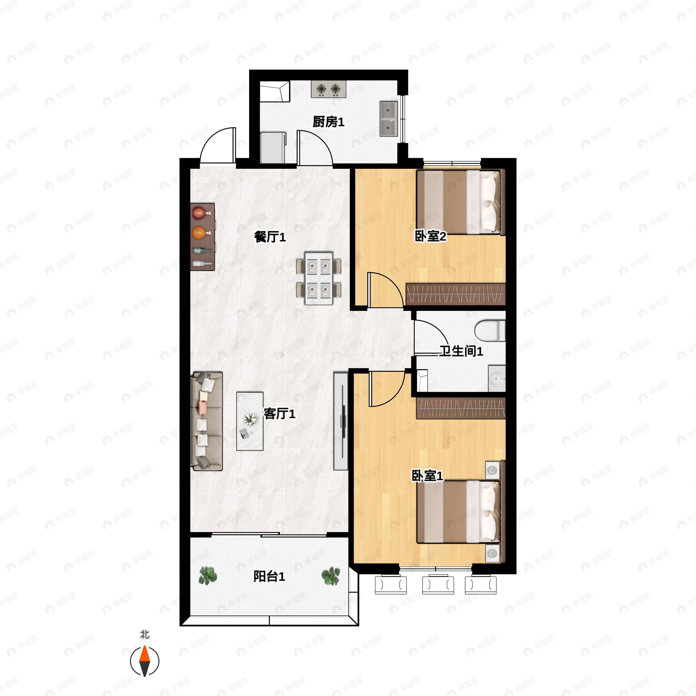 2室2厅1卫建面88m²南户型图