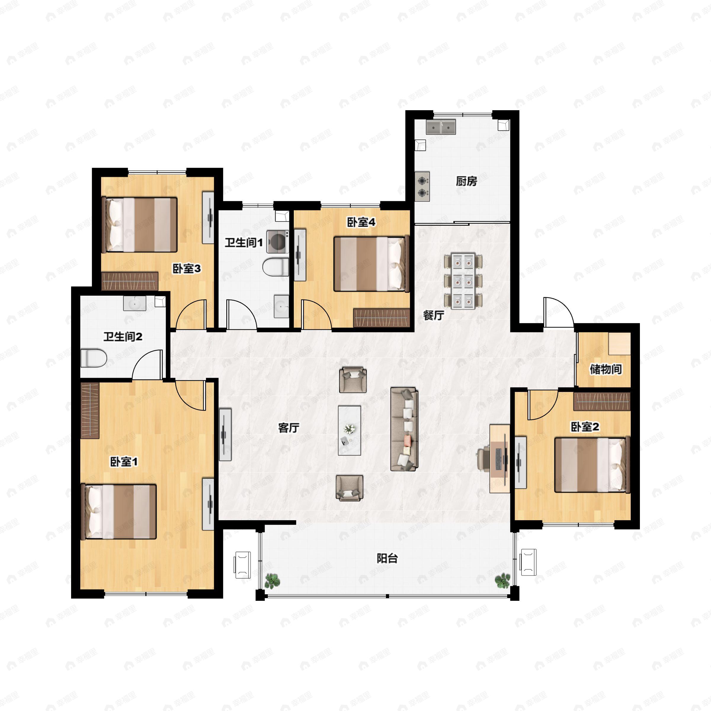 4室2厅2卫建面142平北|南户型图