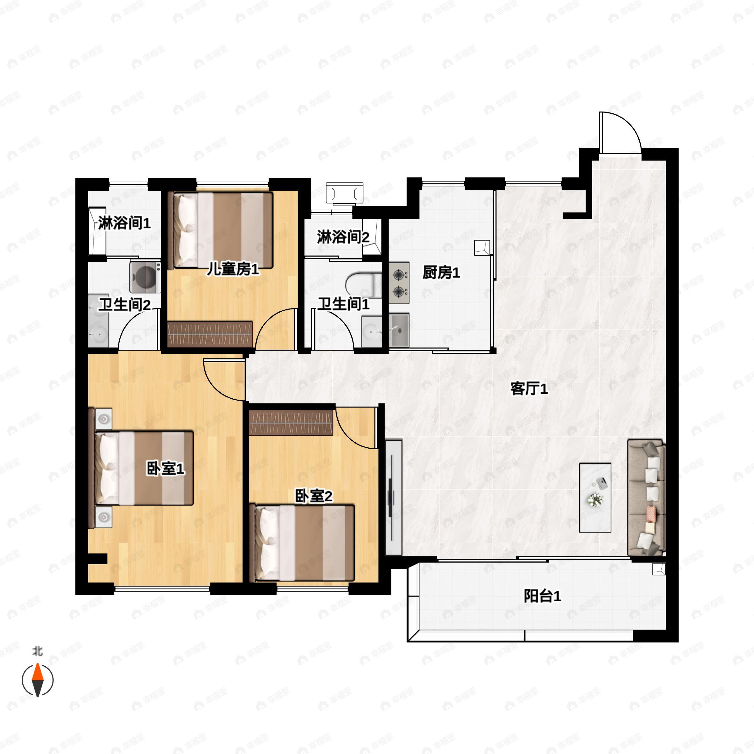 3室2厅2卫建面122平户型图