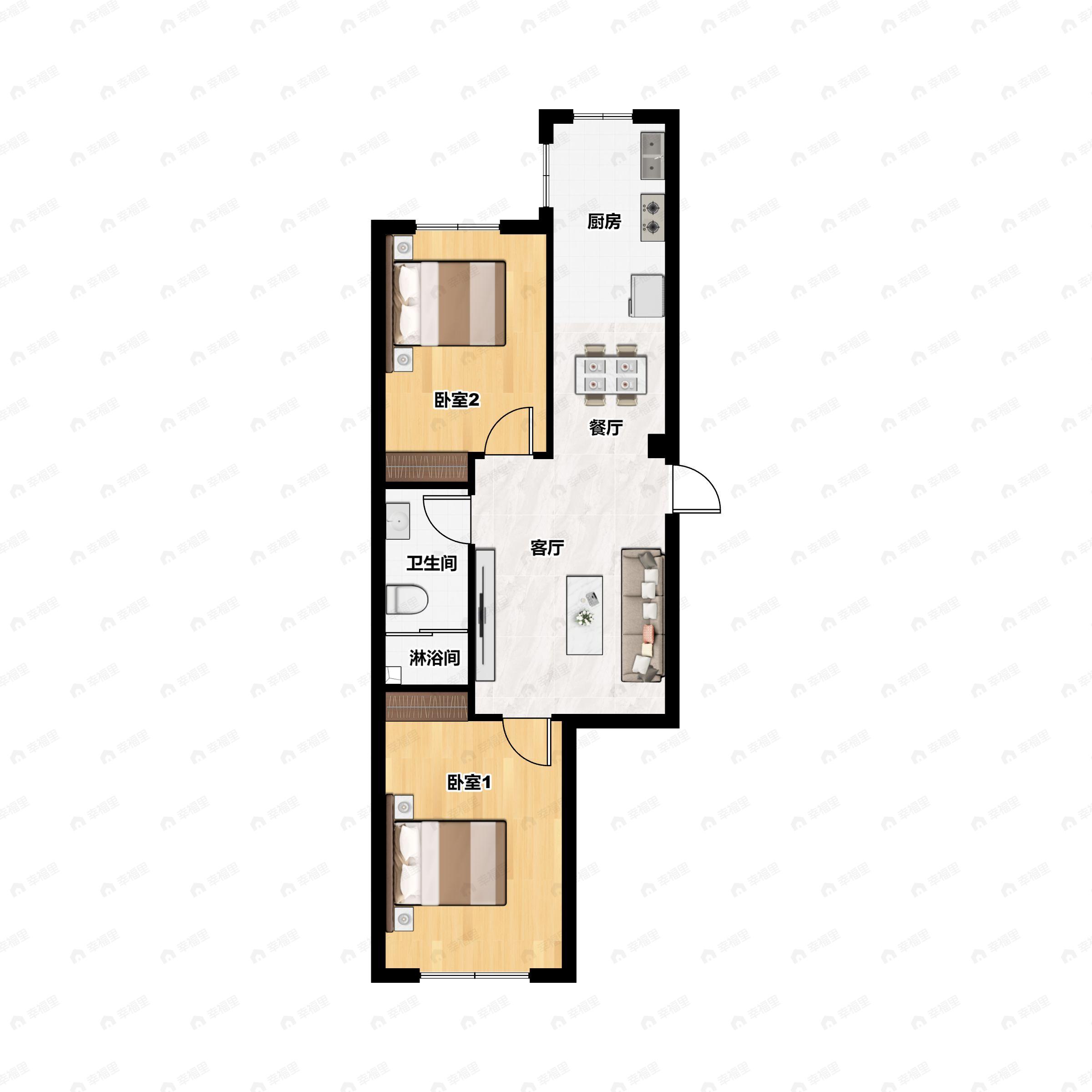 2室2厅1卫建面61平户型图