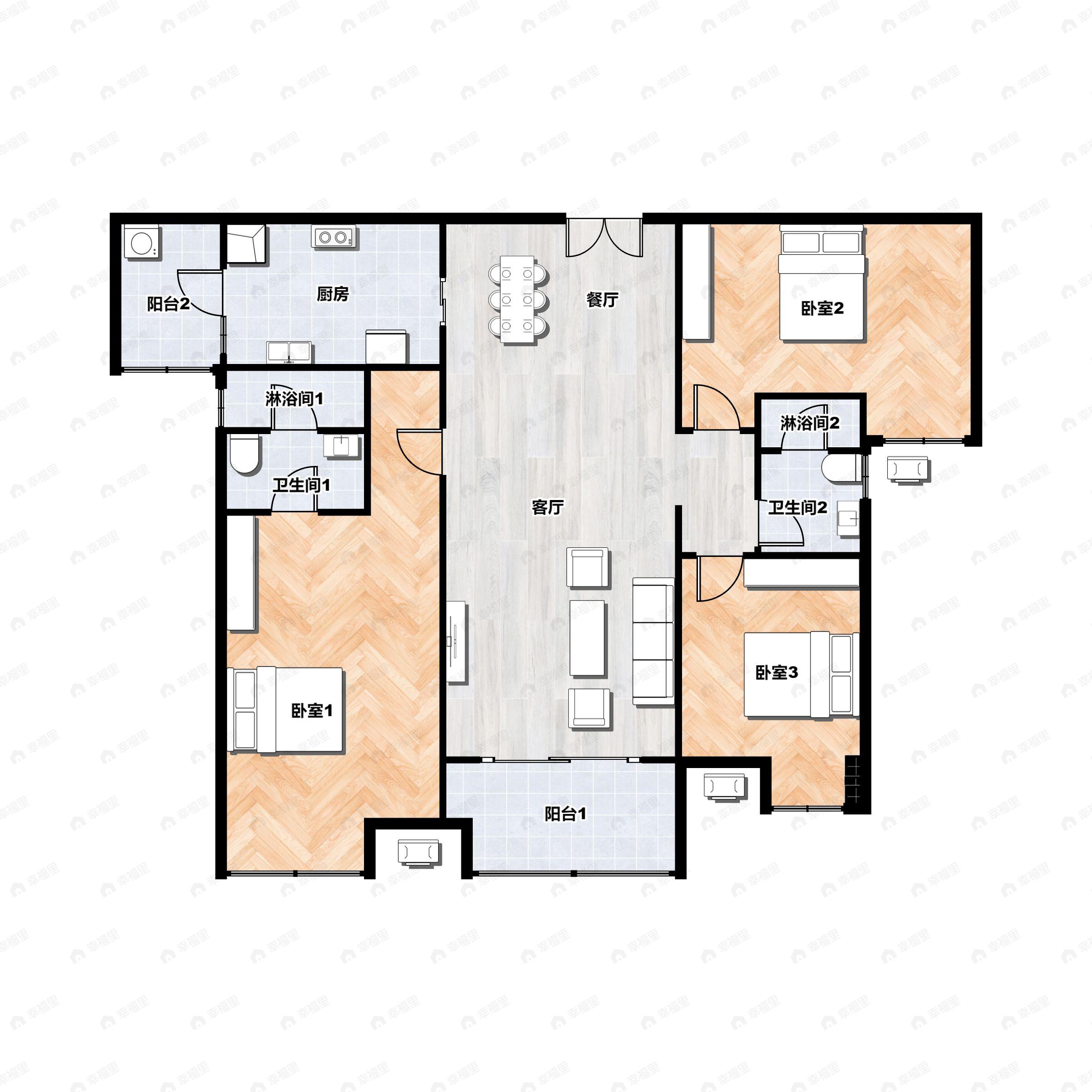 2室2厅2卫建面130m²南户型图
