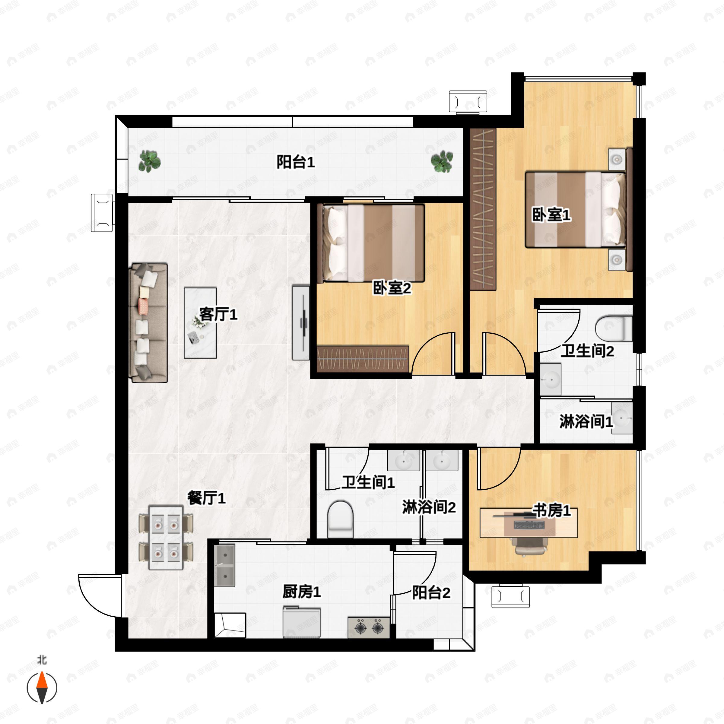 2室2厅2卫建面99平户型图