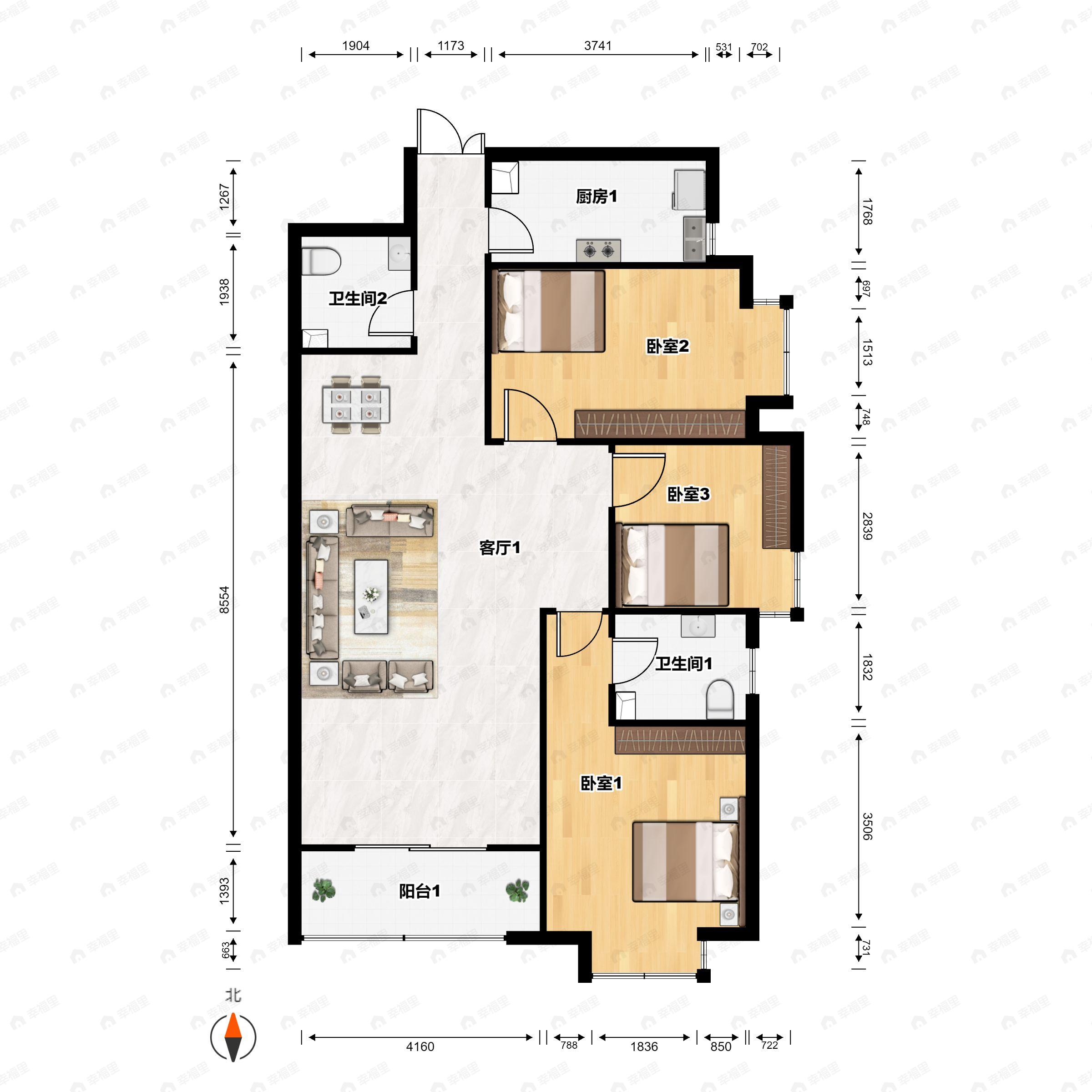 3室2厅2卫建面126平南户型图