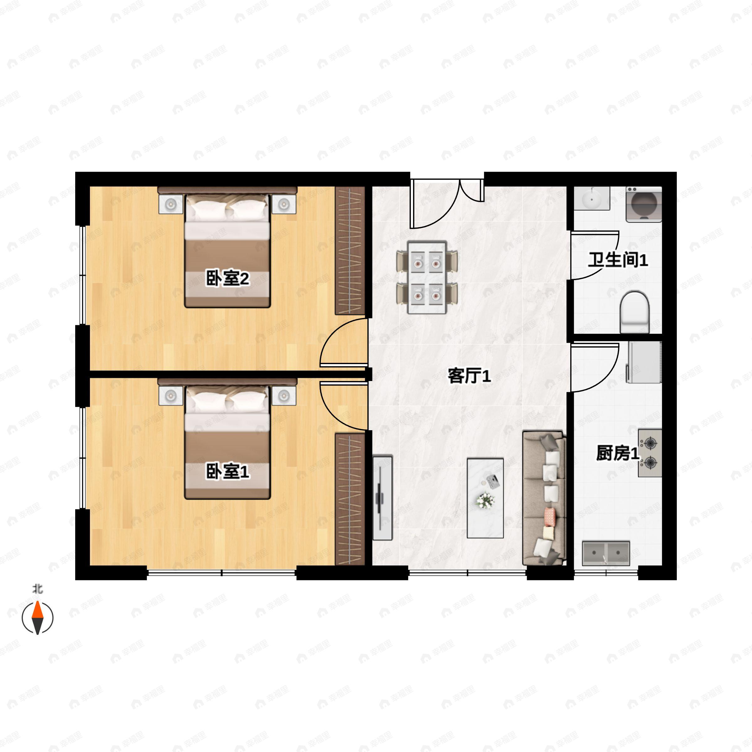 2室1厅1卫建面102平户型图
