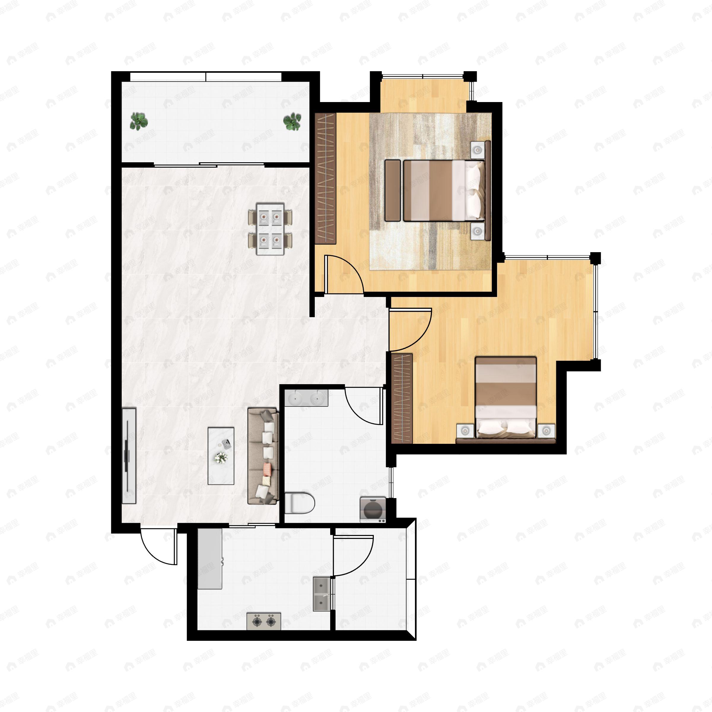 2室1厅1卫建面81m²南户型图