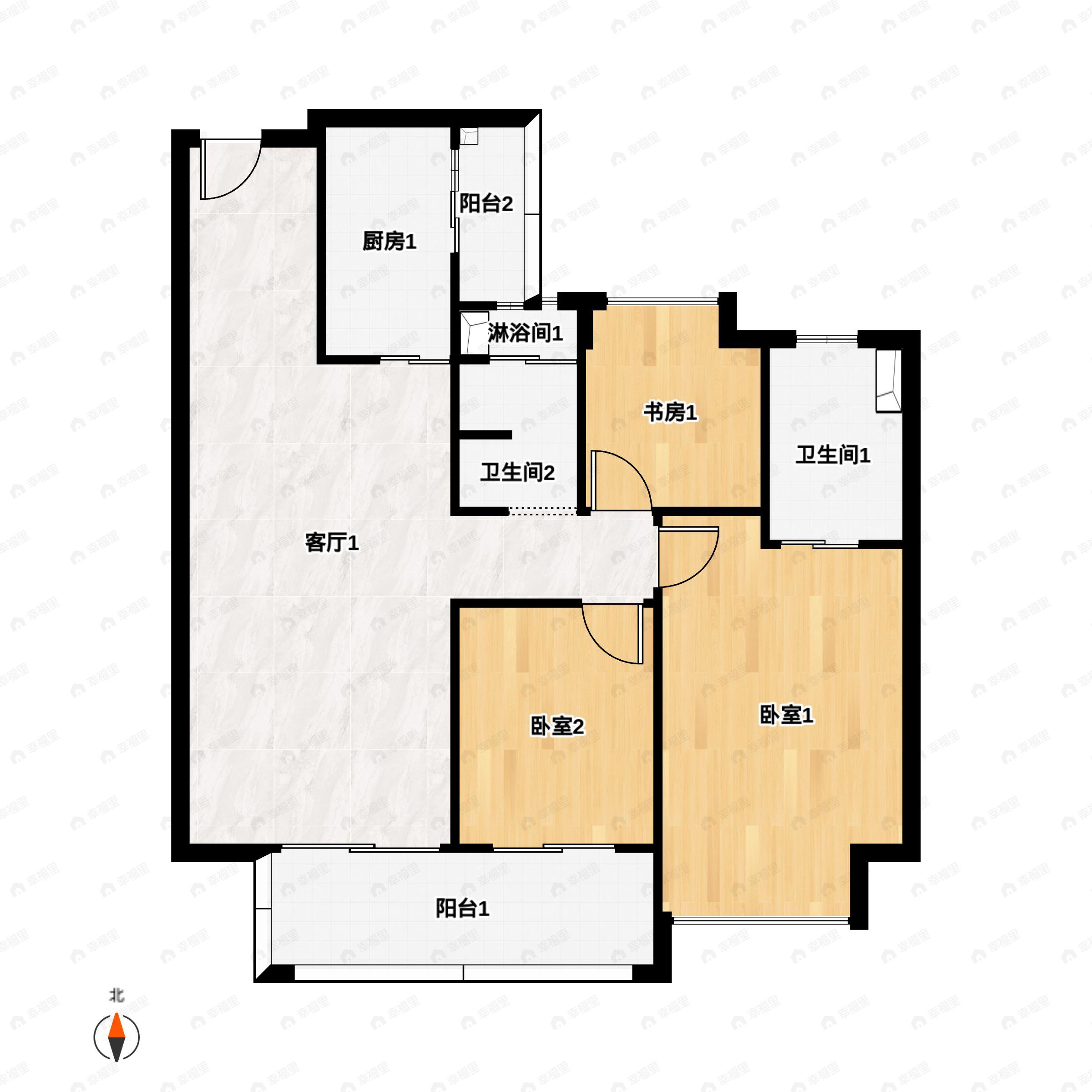 3室2厅2卫建面100m²南|北户型图
