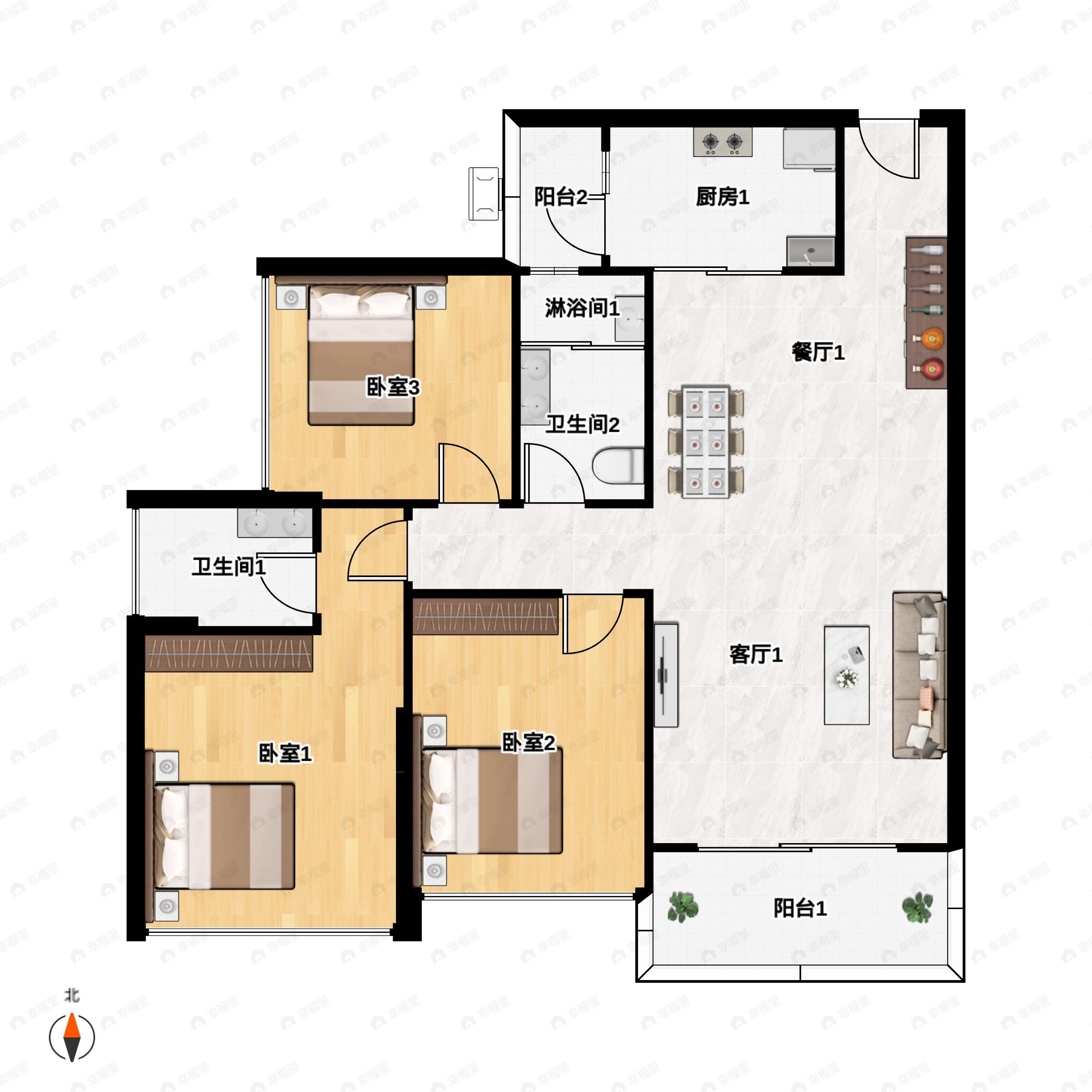 3室2厅2卫建面90平南户型图