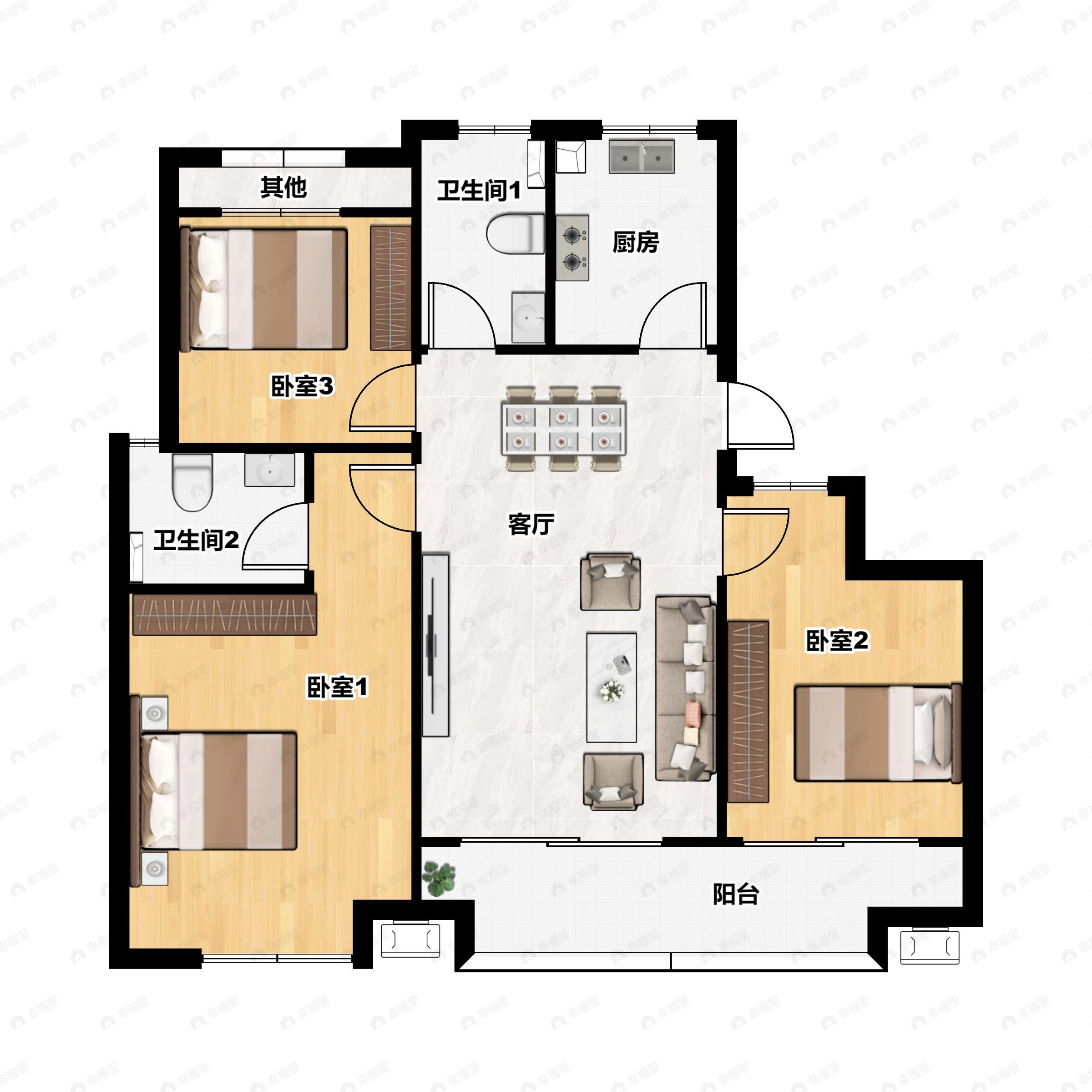 3室2厅2卫建面88平南户型图