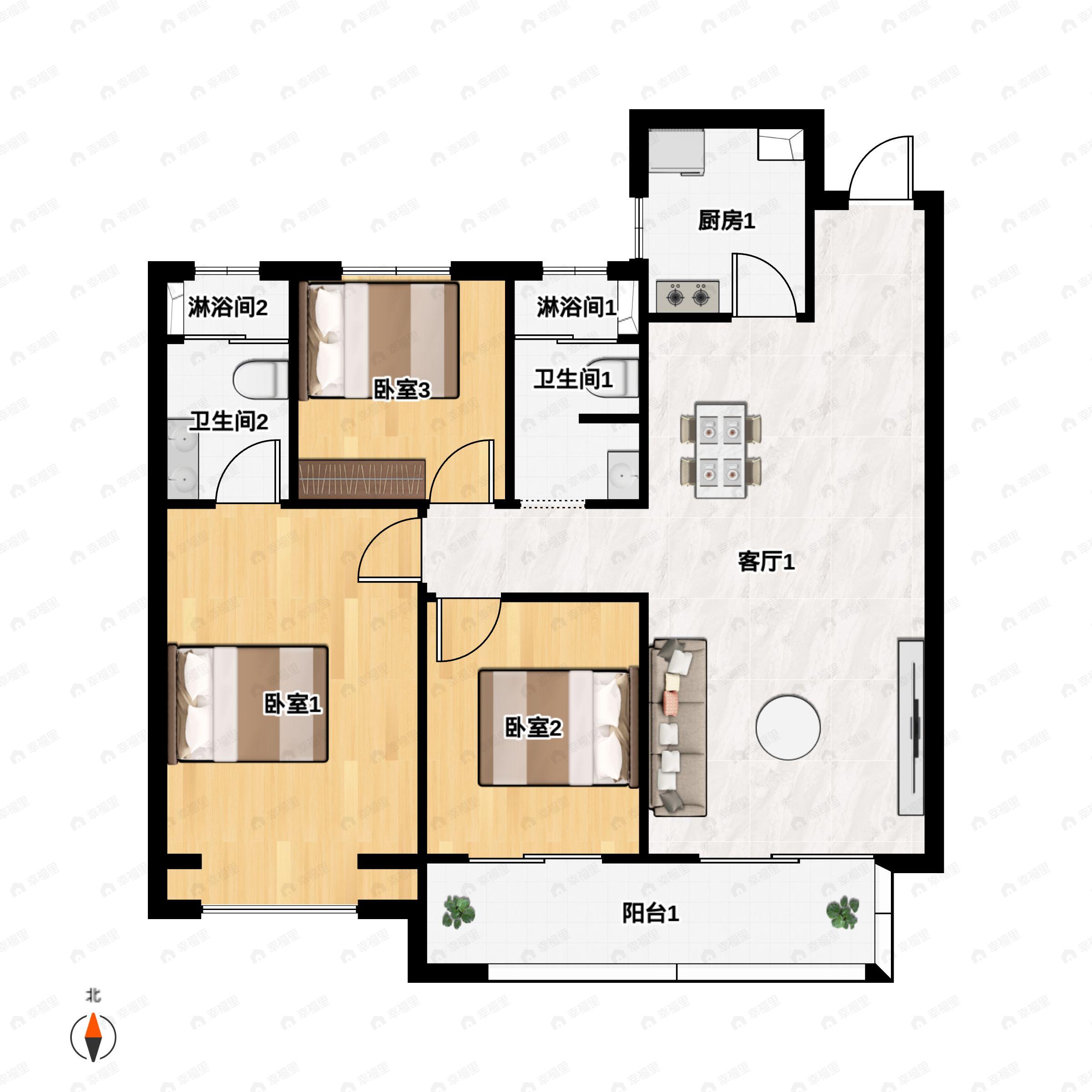 3室2厅2卫建面123m²南户型图