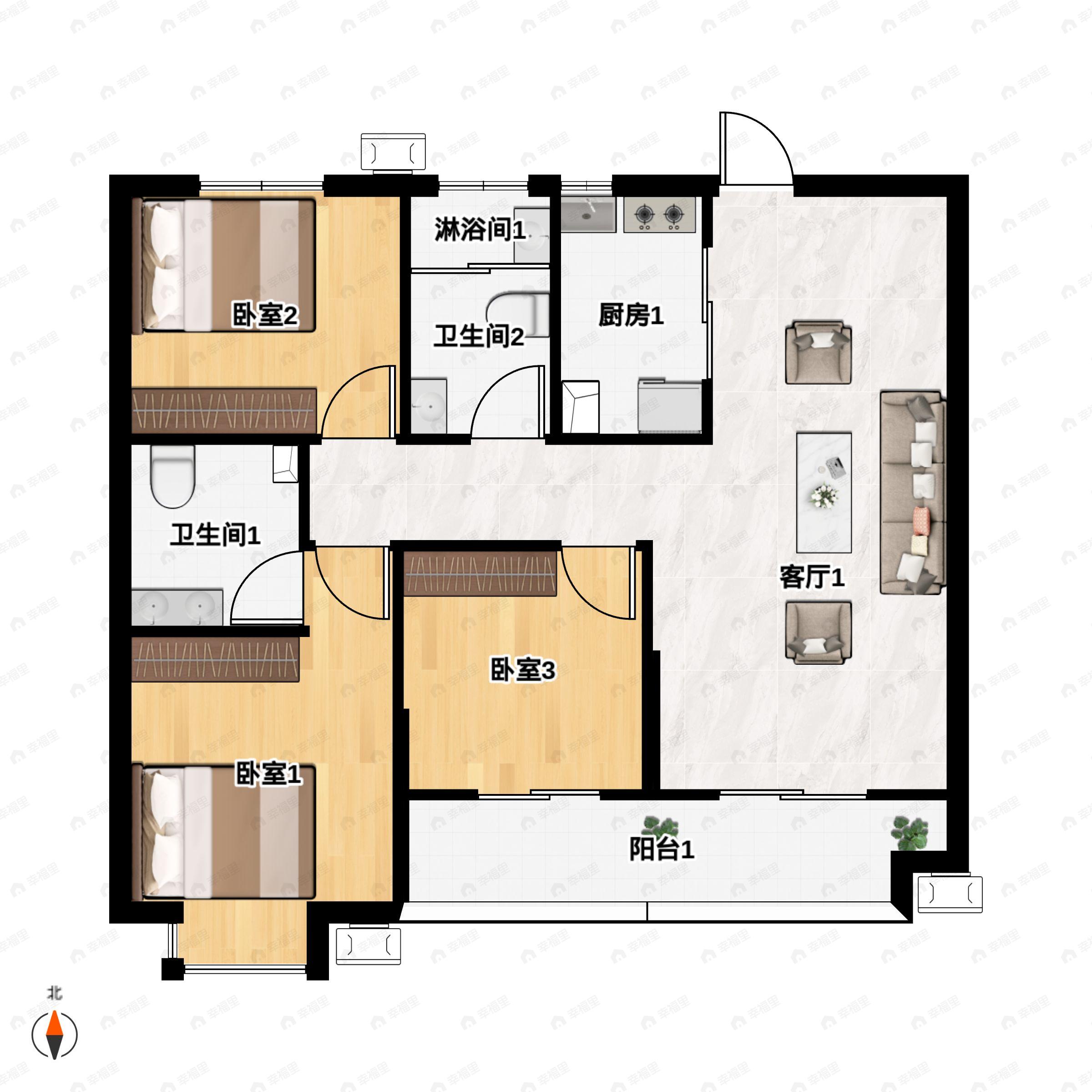 3室2厅2卫建面103平户型图
