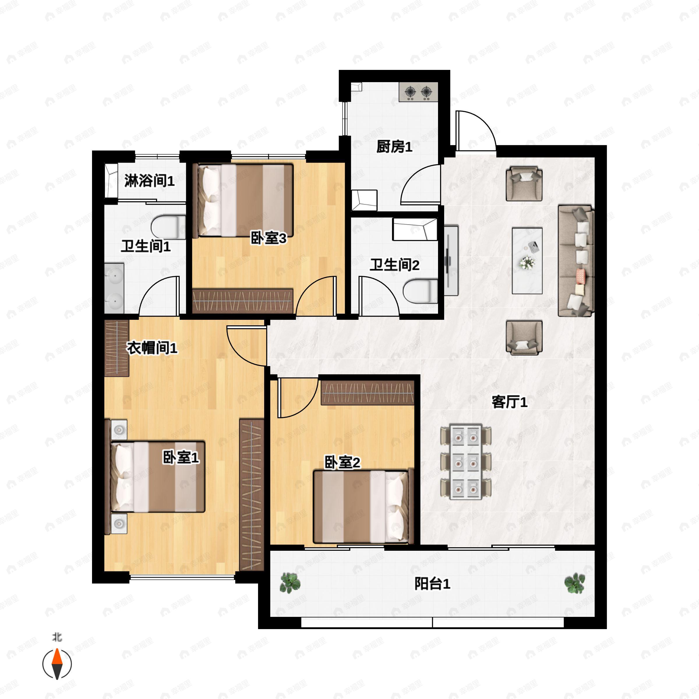 3室2厅2卫建面110平南户型图