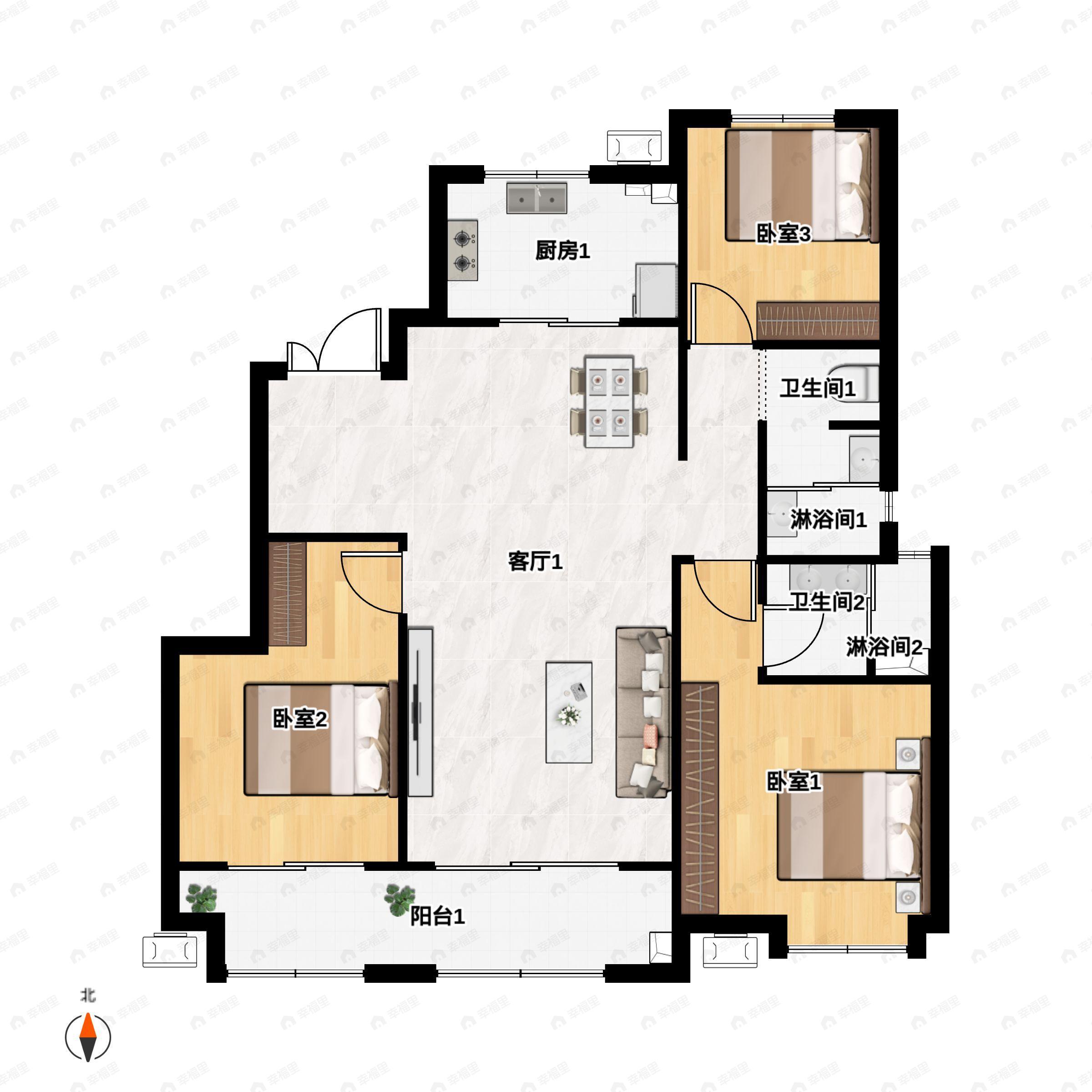 3室2厅1卫建面123m²北|南户型图