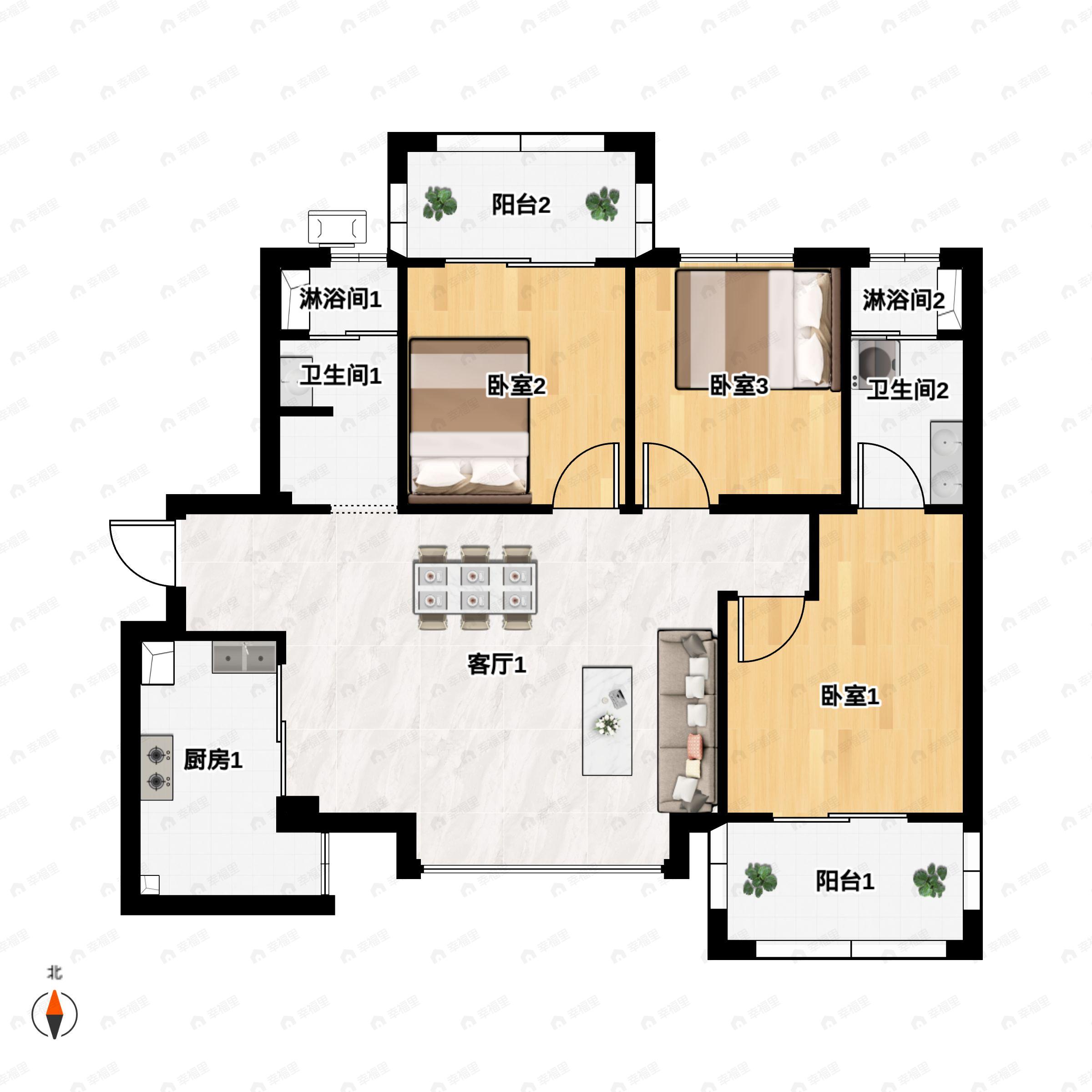 3室2厅2卫建面106m²南|北户型图