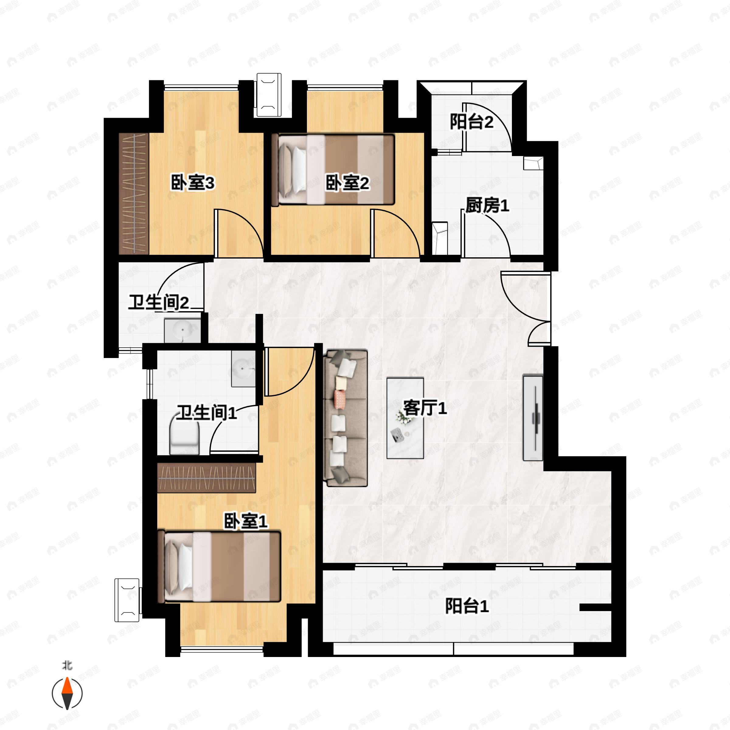 3室3厅2卫建面99平南|北户型图