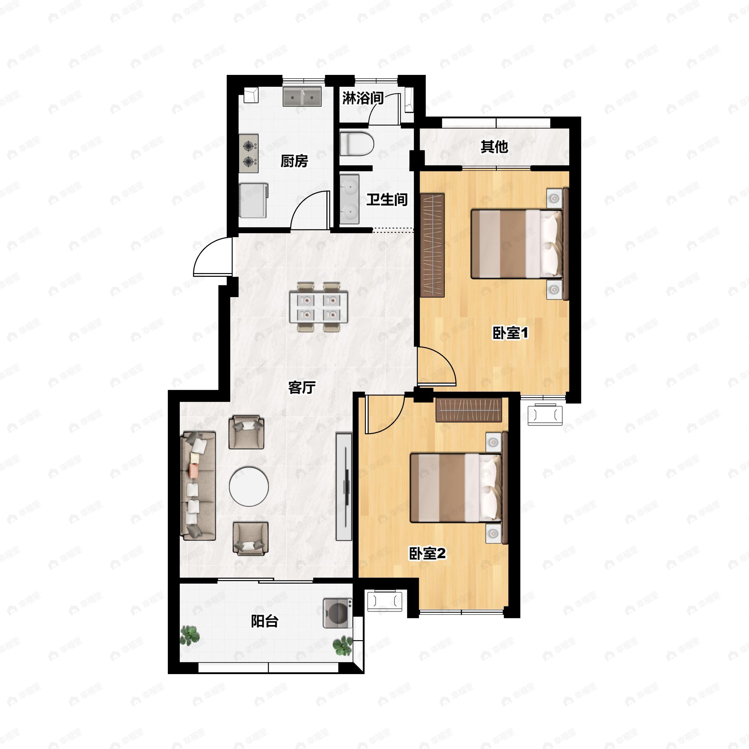 2室2厅1卫建面89m²南|北户型图