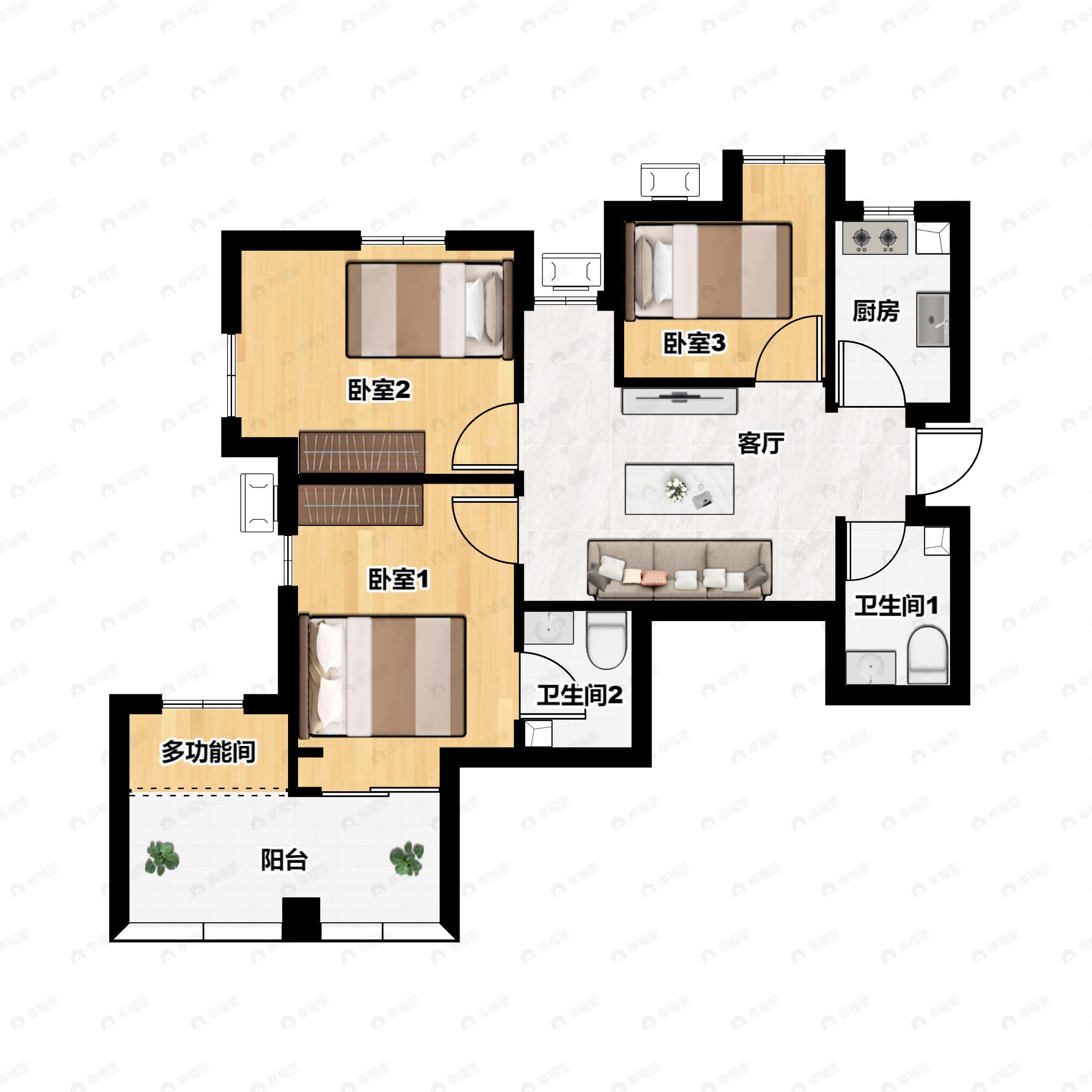 2室1厅2卫建面84平北|南户型图