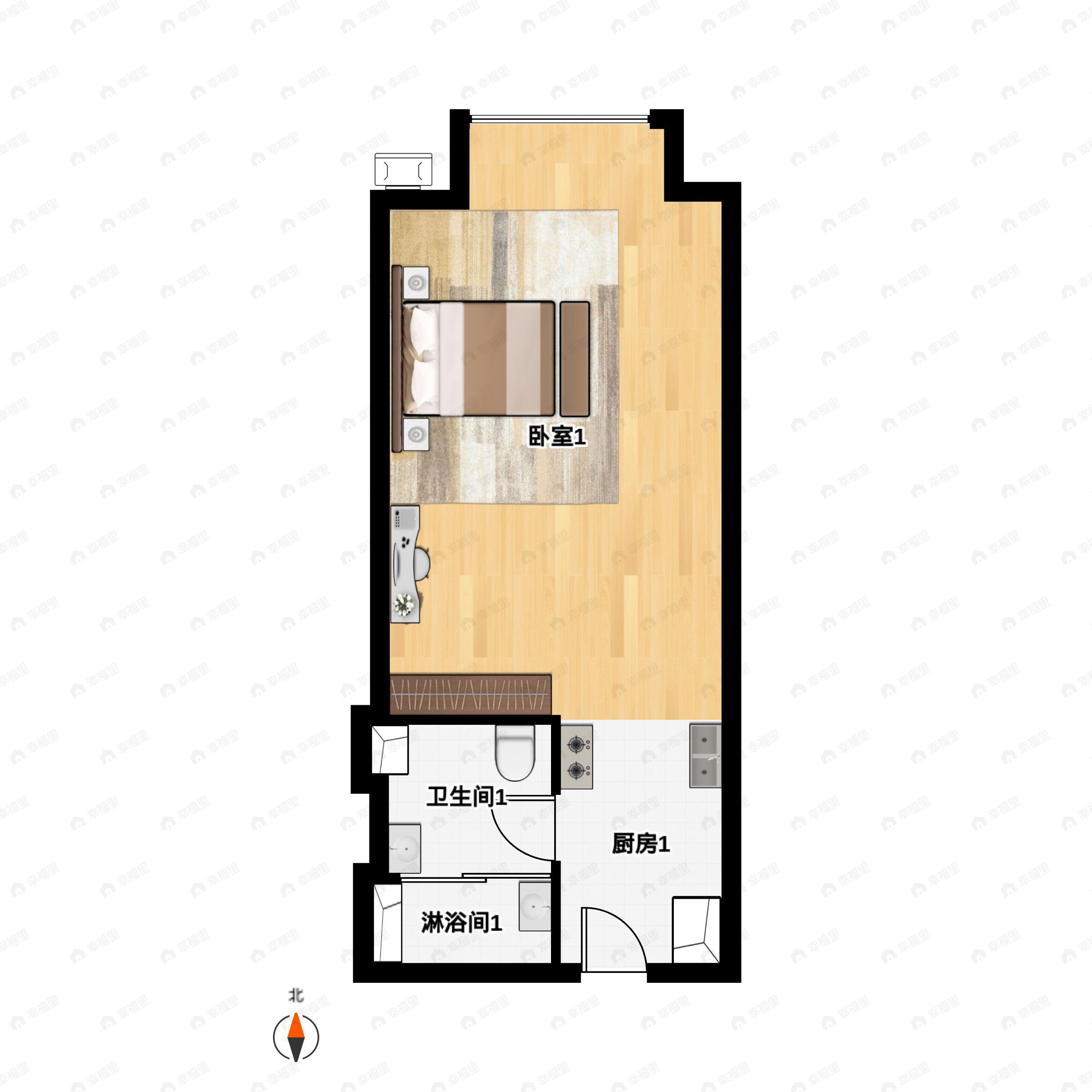 1室1厅1卫建面38平南户型图